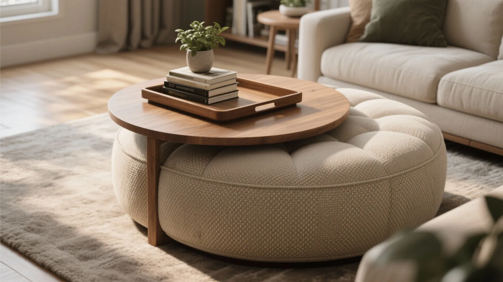 Round wooden coffee table top placed over a beige fabric footrest in cozy living room