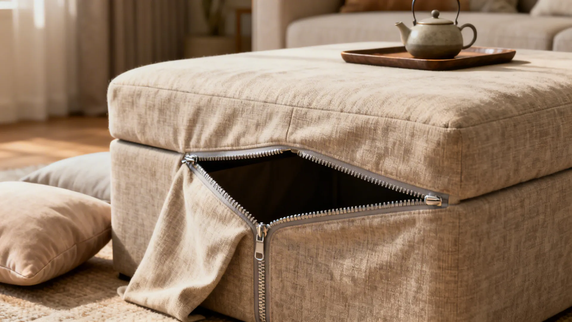 Upholstered ottoman coffee table with removable cover and hidden storage in a cozy living room