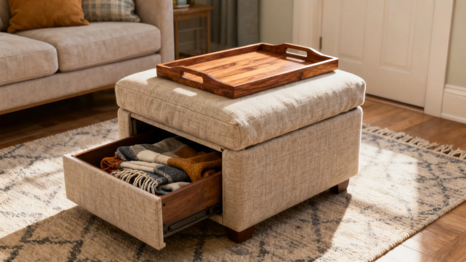 Fabric ottoman with removable tray used as a table and storage in a small living room