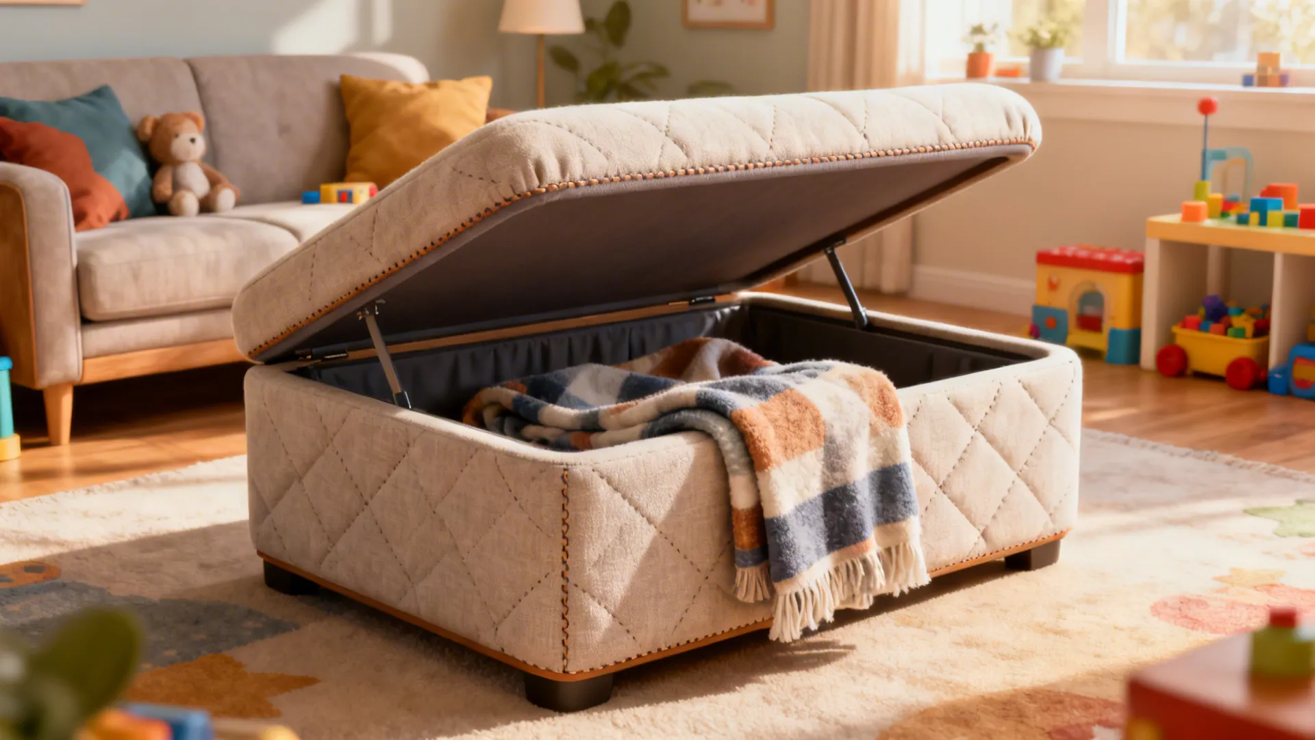 Open cream quilted storage footrest with a colorful blanket inside placed on a patterned rug