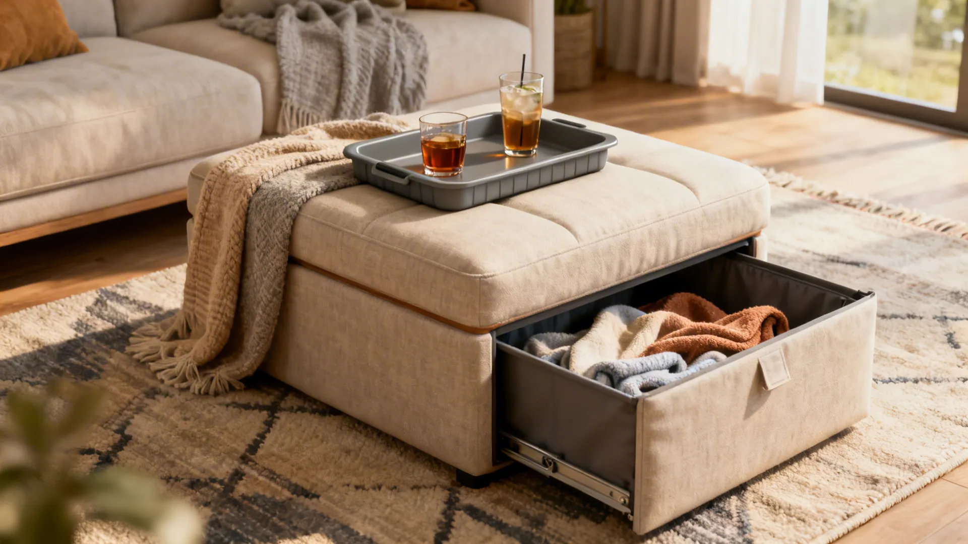 Footrest with open storage drawer containing clothes and a grey tray holding two cold drinks