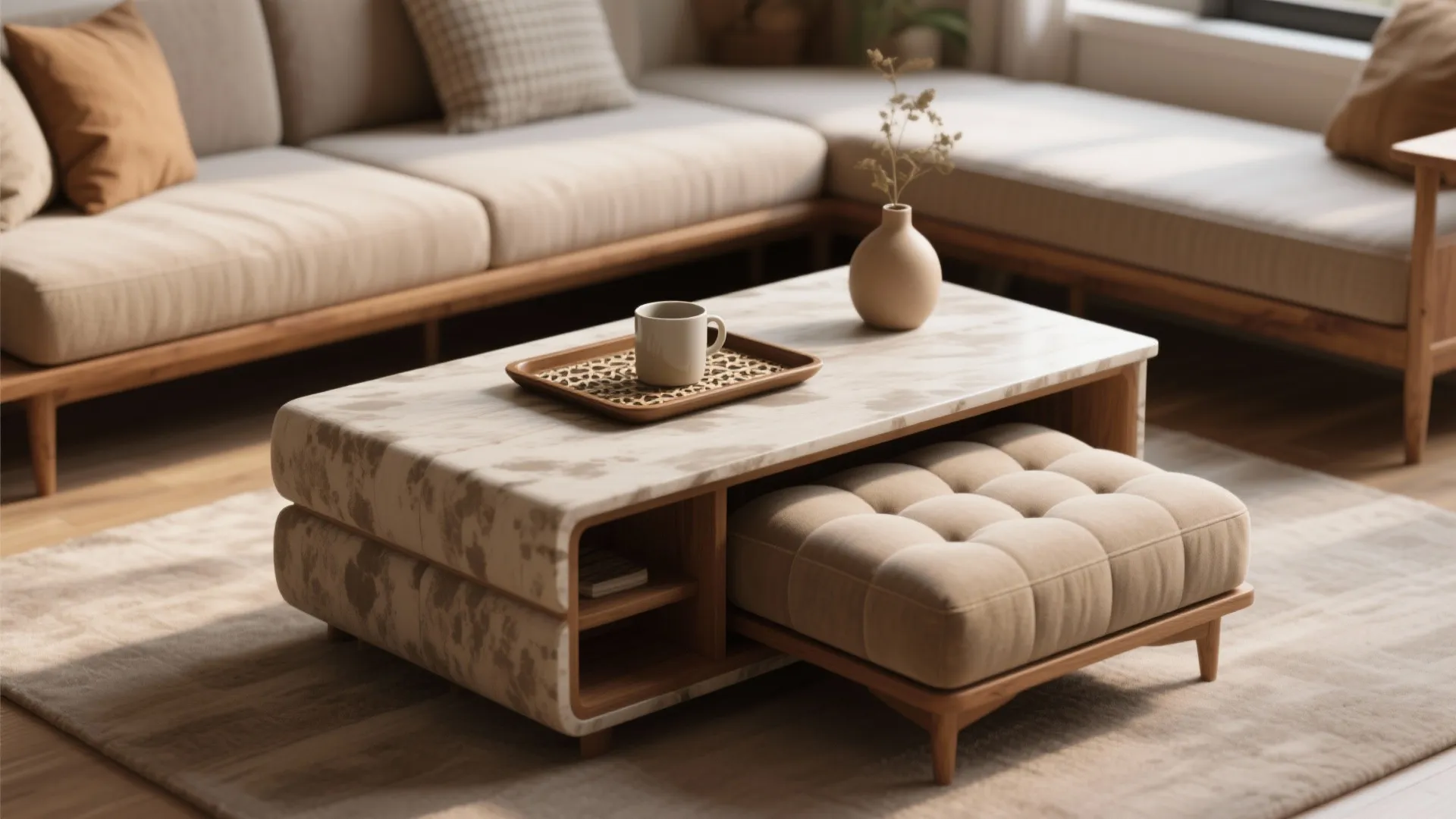 Modern marble coffee table holding tray with mug and a tufted footrest in living room