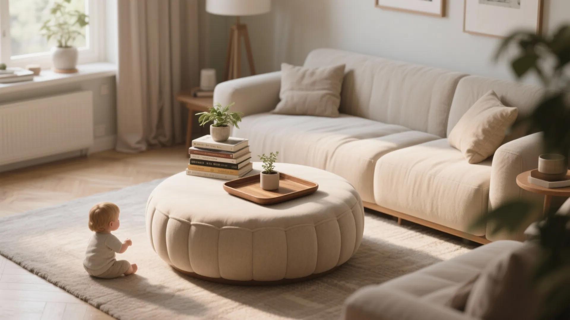 Ottoman-style round coffee table with a removable tray in a small living room, showing soft edges and multifunction use.