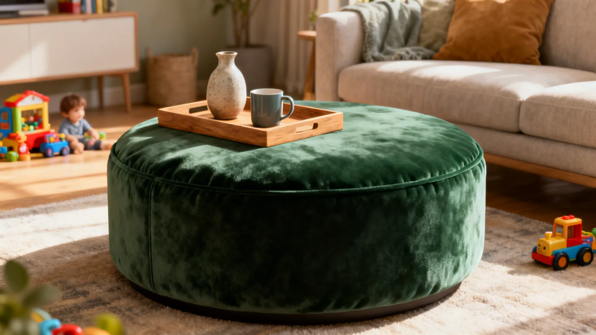 Round velvet ottoman coffee table with a removable tray in a family room.