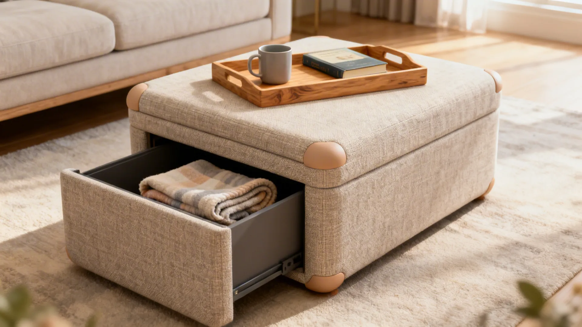 Upholstered ottoman coffee table with a removable wooden tray and visible blanket storage.