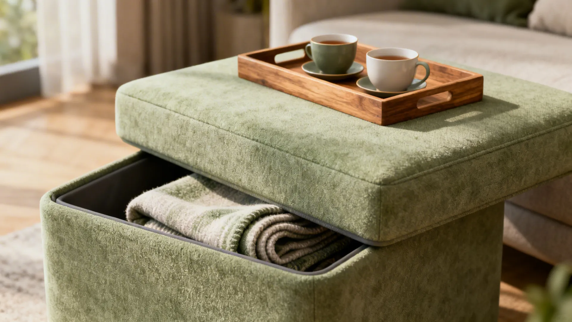 Green fabric footrest with wooden tray holding tea cups and open storage showing folded blanket