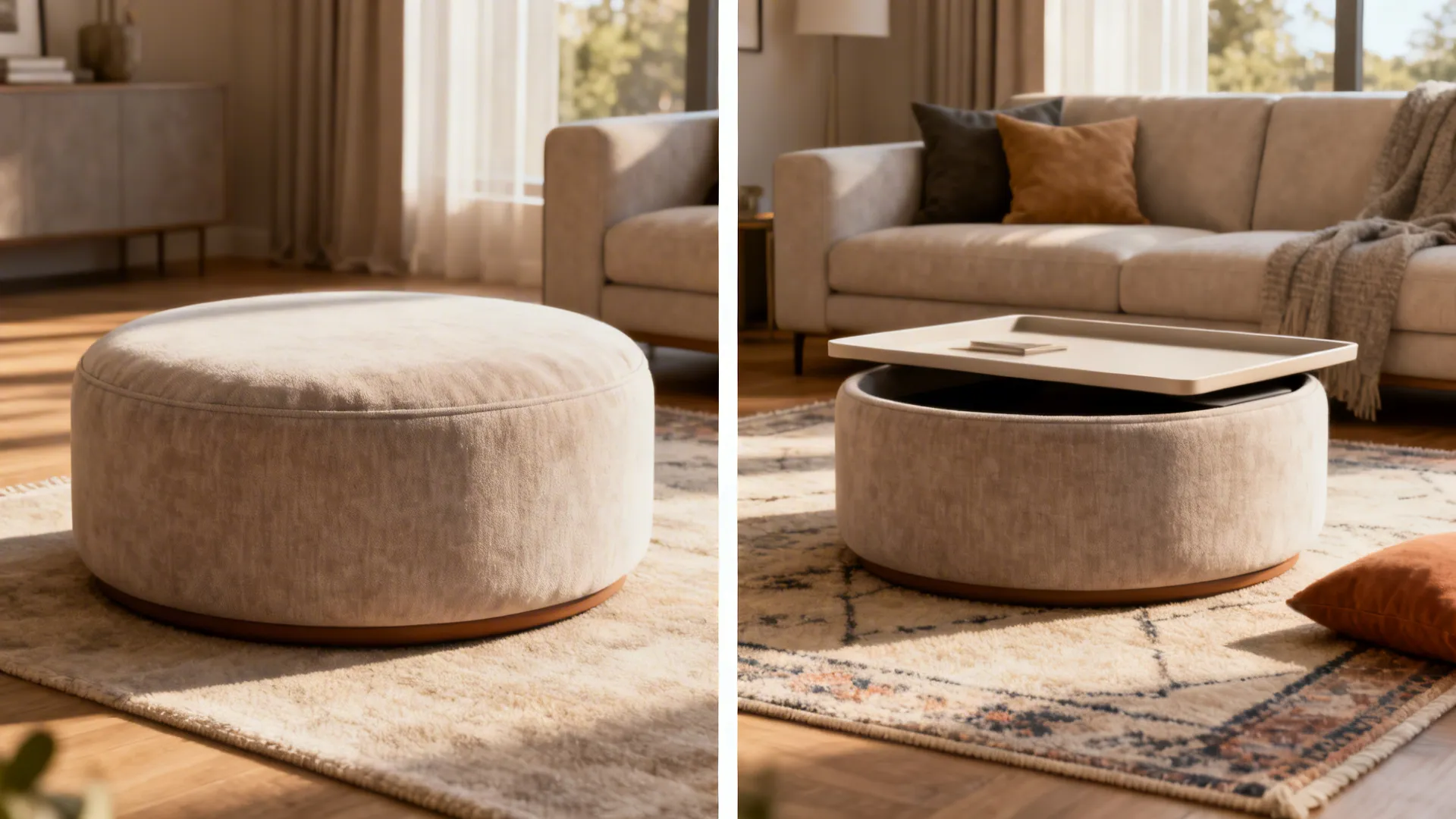 Round ottoman shown as seating and with a removable tray as a coffee table in a small living room