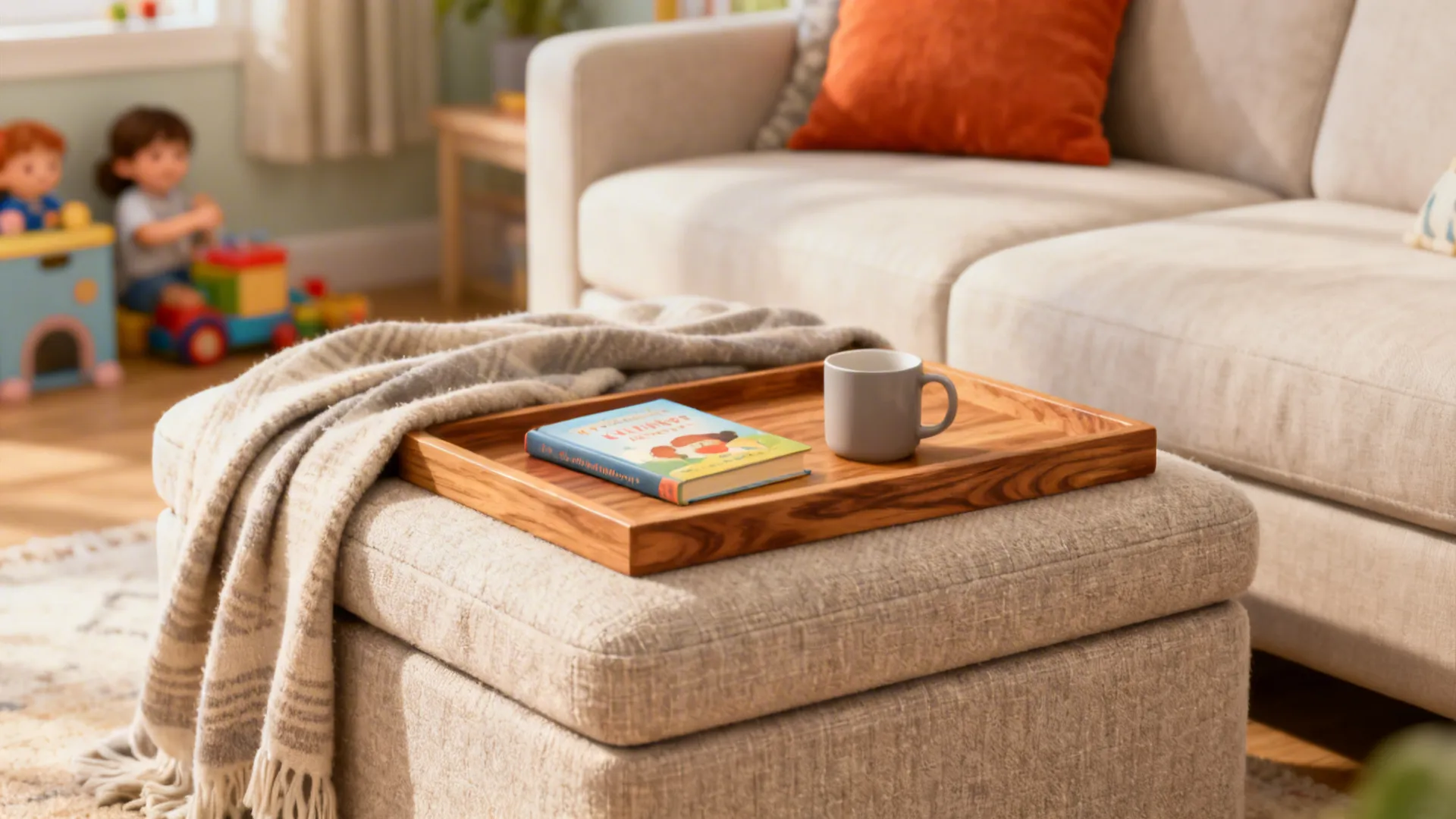 Upholstered ottoman with removable hardwood tray used as a table and extra seating in a small living room.