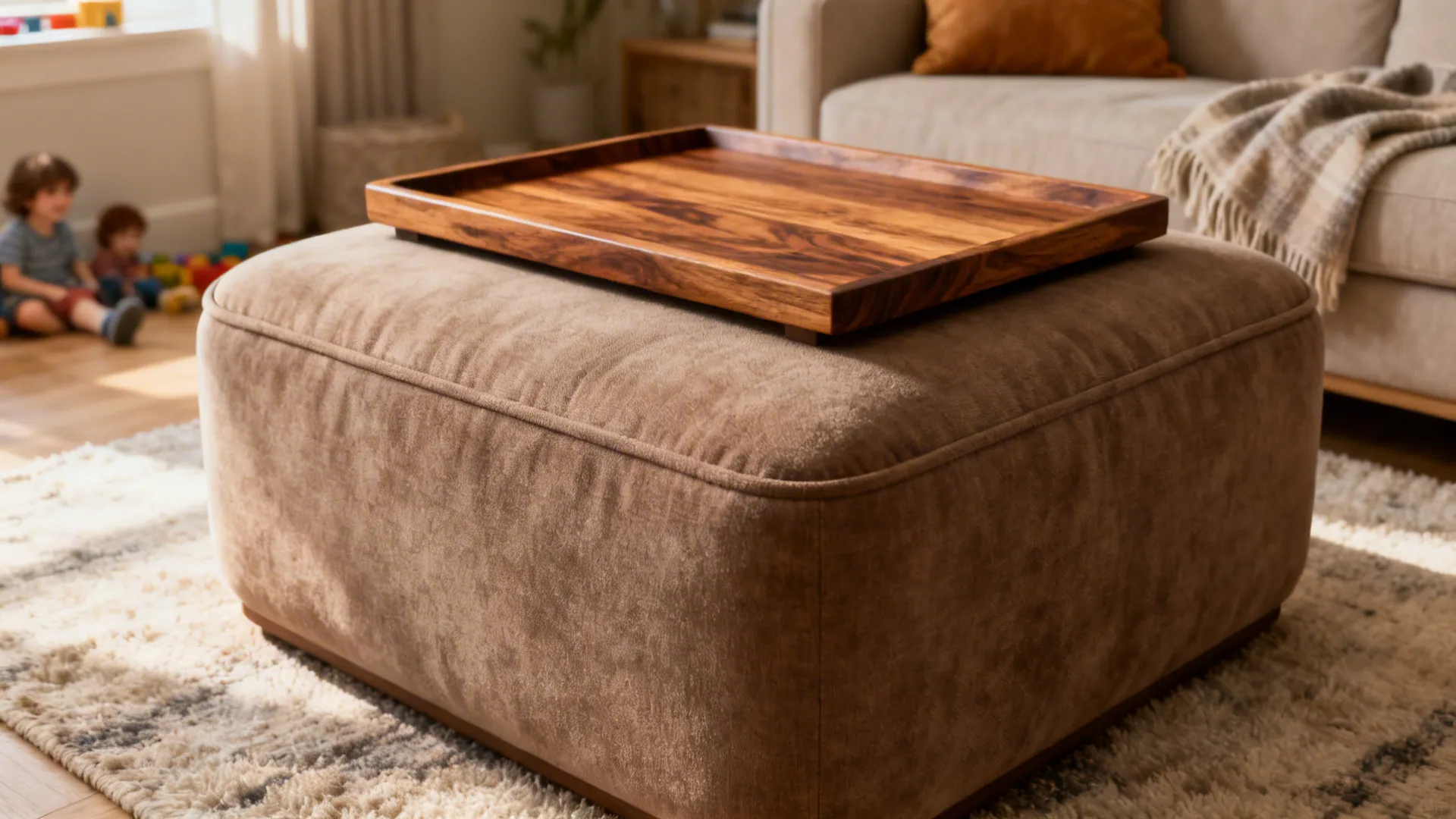 Large brown fabric footrest with a wooden tray on top sitting on a textured rug