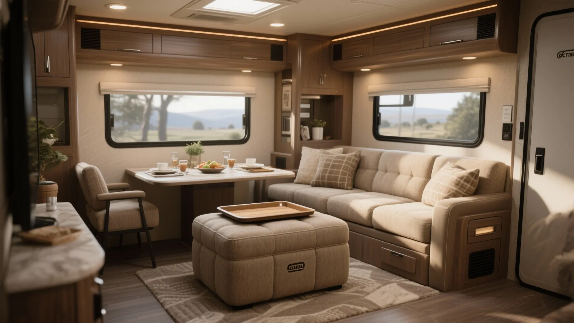 Interior of a motorhome showing a beige sofa footrest with tray dining table and windows