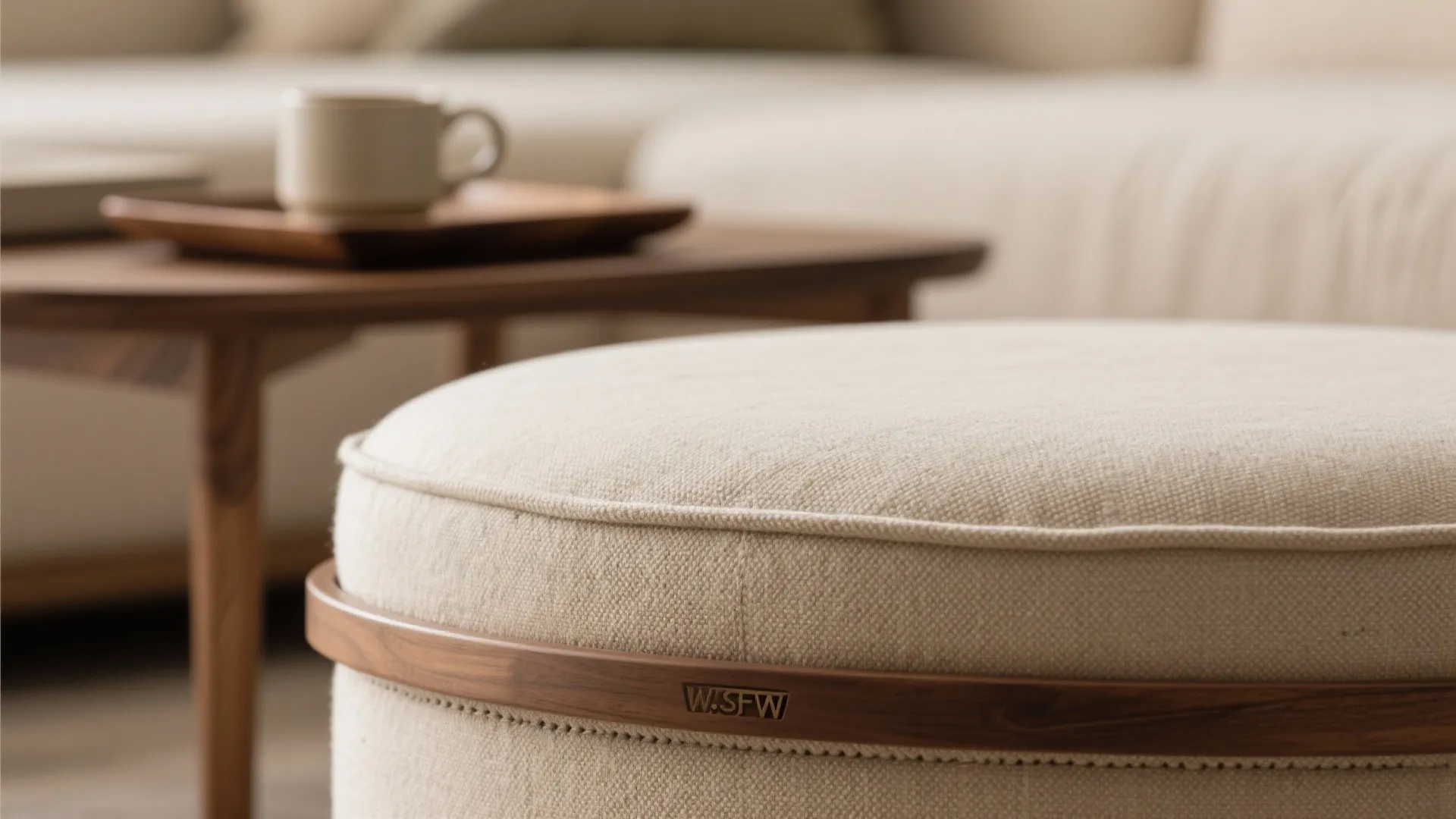 Macro view of performance linen ottoman surface with a wooden tray on top.
