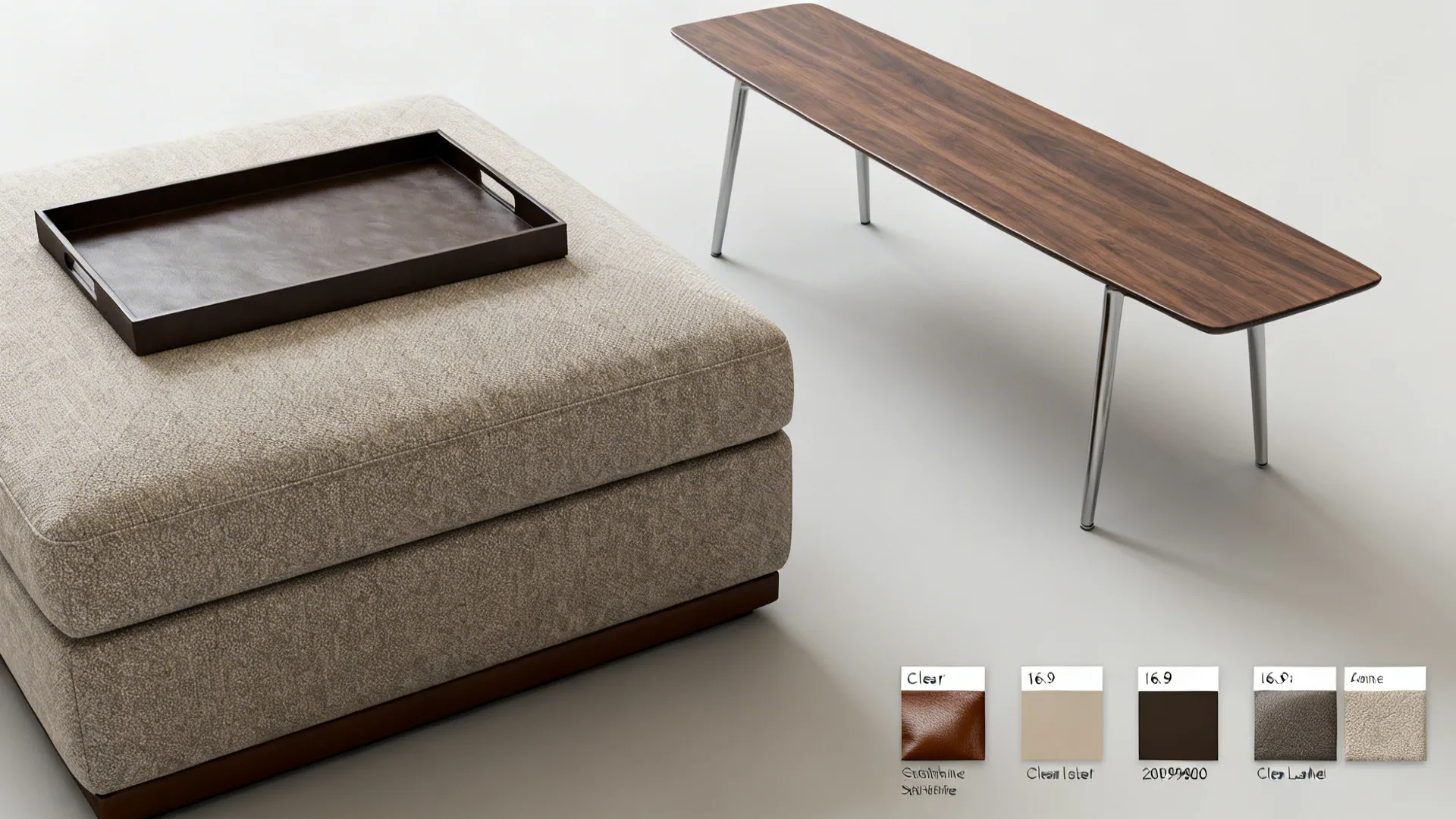 Flatlay of a removable tray on an upholstered ottoman with material swatches for fabrics and wood.