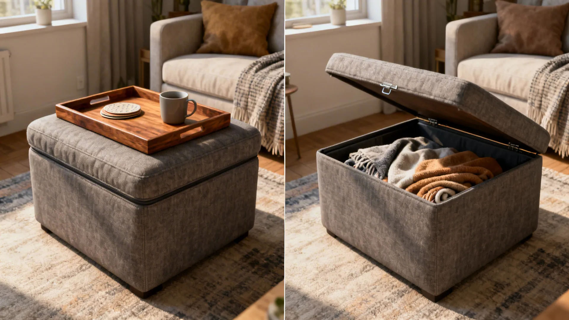 Storage ottoman with a hard tray used as seating and a dining surface, with blankets inside.
