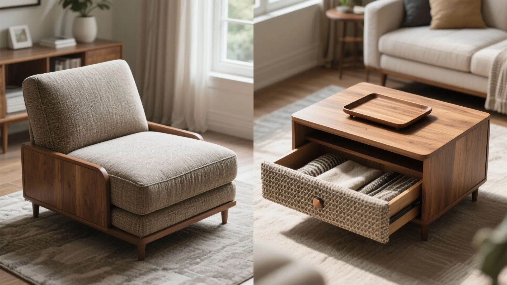 Comparison of a fabric chair and a wooden coffee table with a storage drawer open