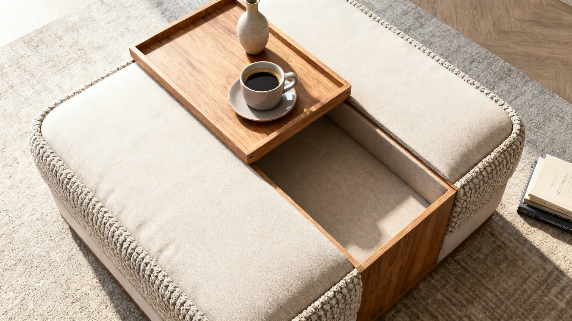 Top-down view of an ottoman with a wooden tray holding a coffee cup and vase for stability.