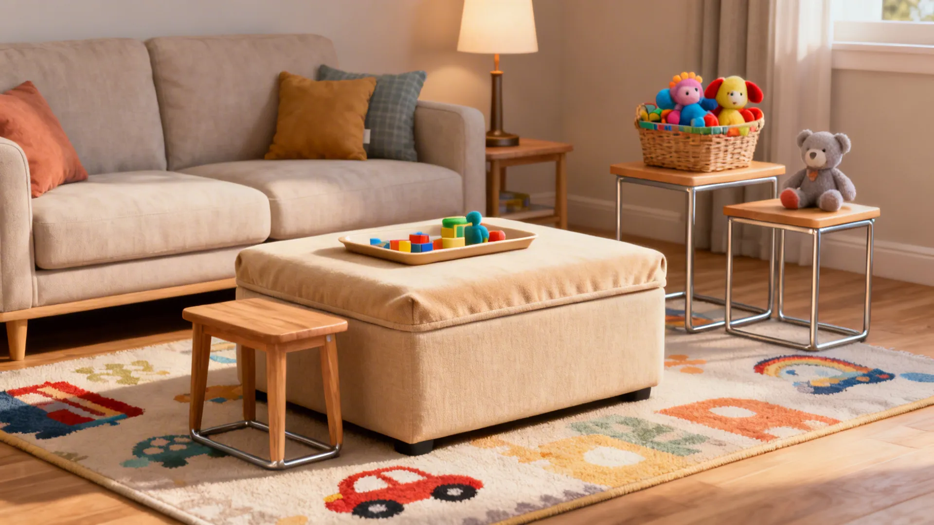 Cozy living room with beige sofa colorful rug wooden stool and a soft square footrest