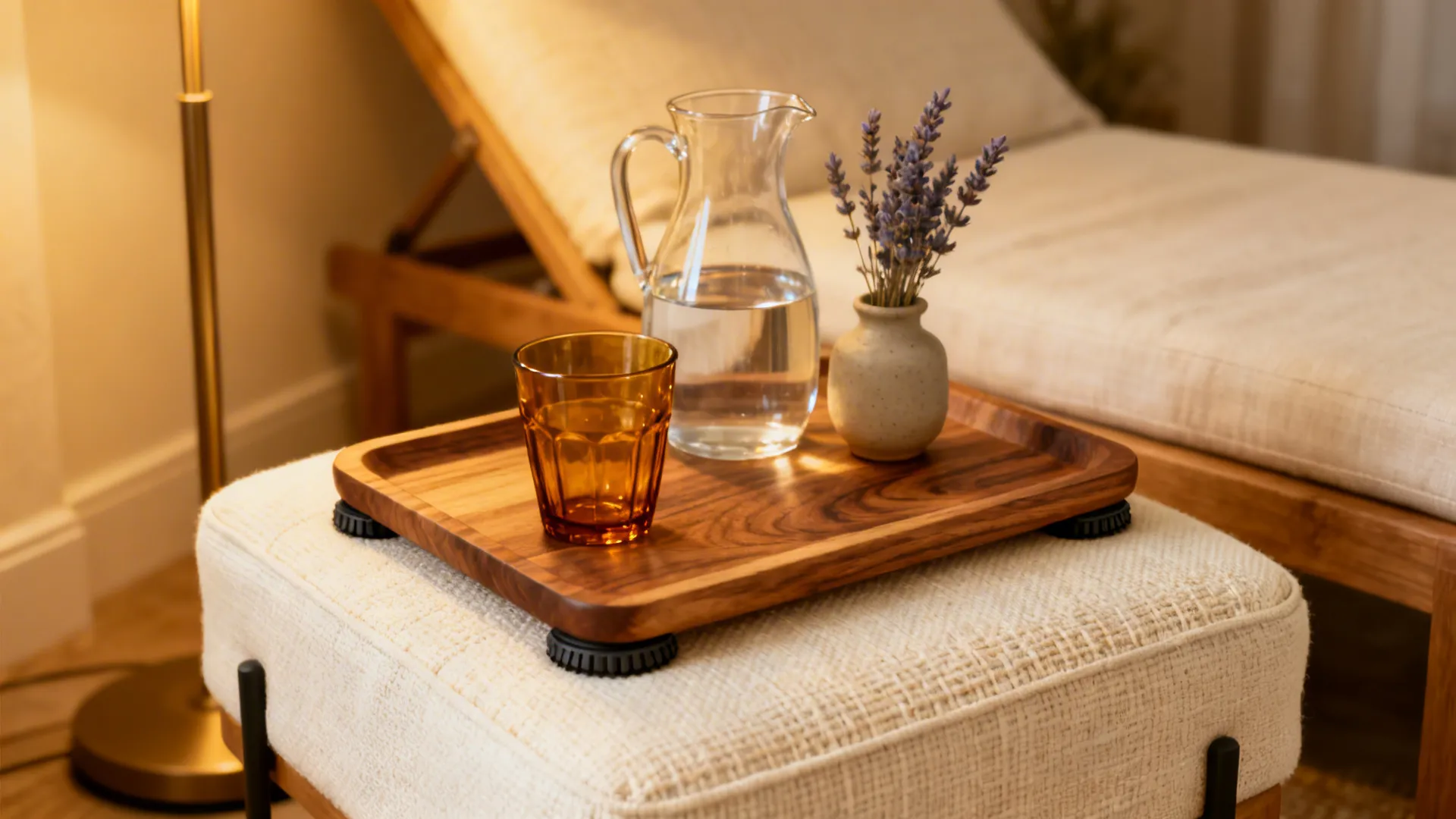 Wooden tray on white footrest holding a water glass pitcher and small lavender flower vase