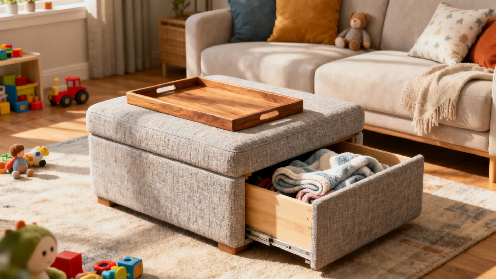 Upholstered ottoman coffee table with removable trays and hidden storage in a cozy small living room