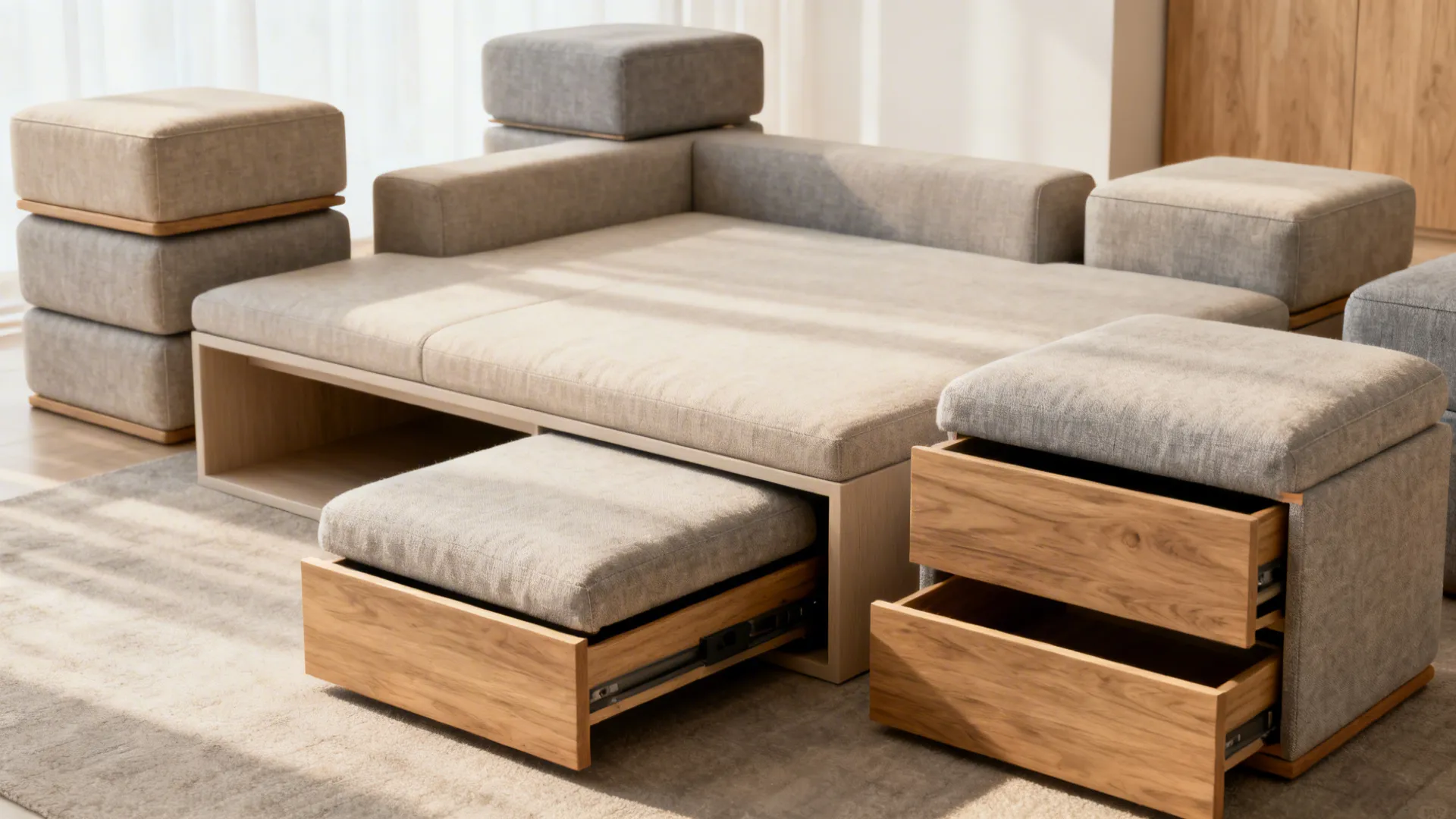 Low sectional base with ottomans and stools shown in multiple reconfiguration options for a small living room.
