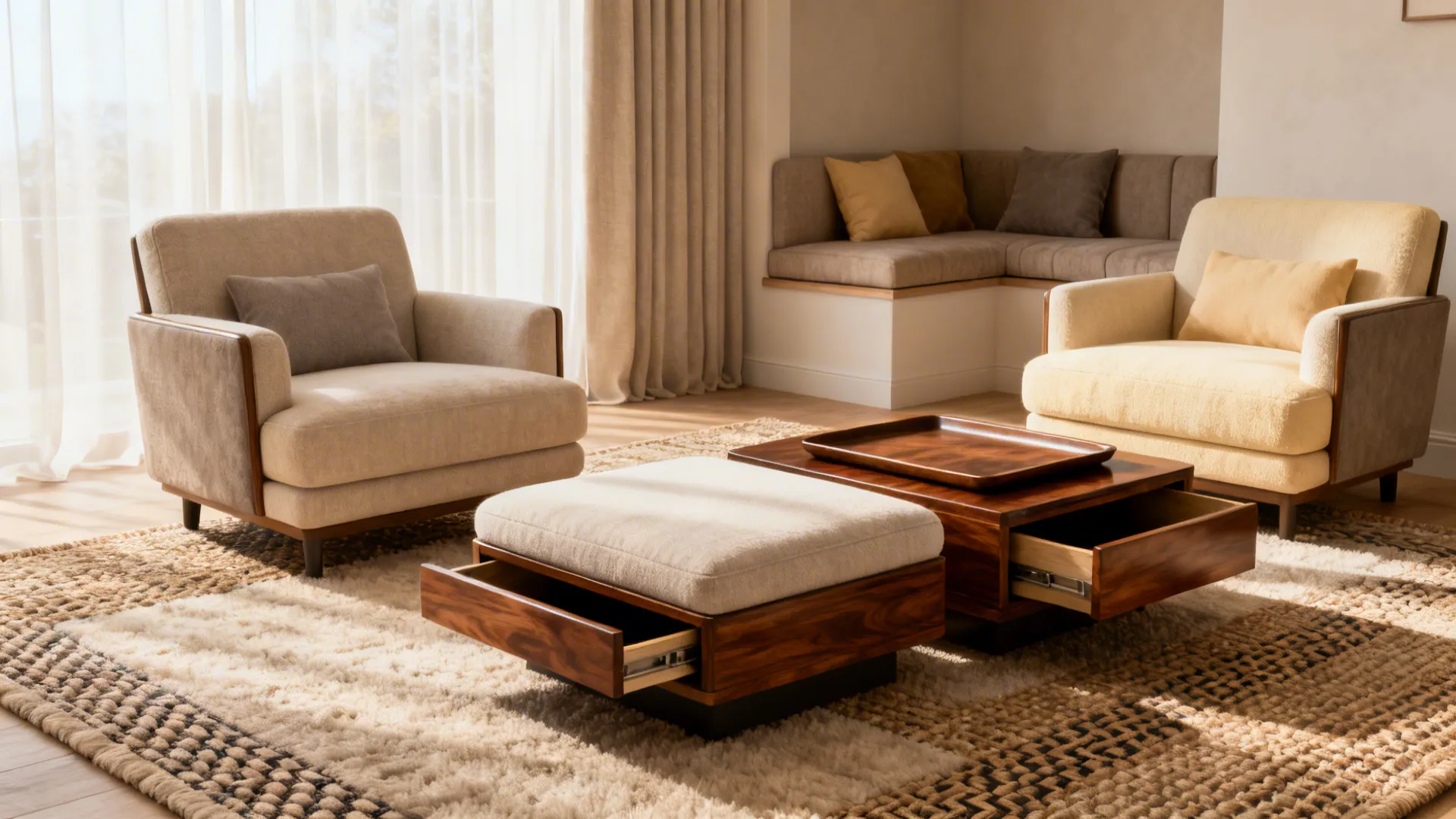 Low-profile armchairs and multifunctional ottomans used as seating and a coffee table in a compact living area