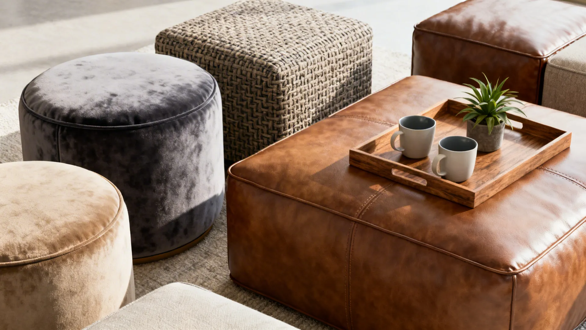 Cluster of ottomans and poufs with a tray used as a coffee surface in a small living room
