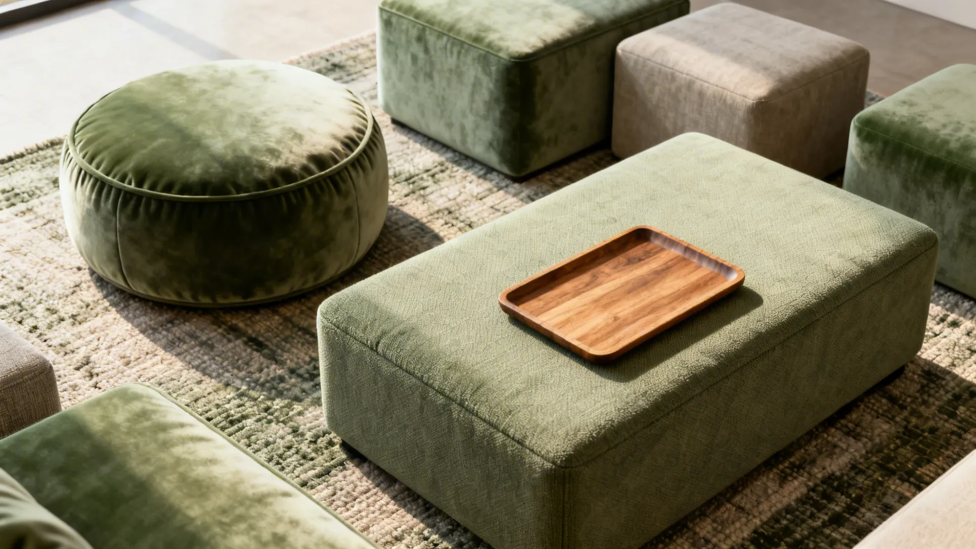 Grouping of ottomans and poufs used as seating and coffee table with a tray on top