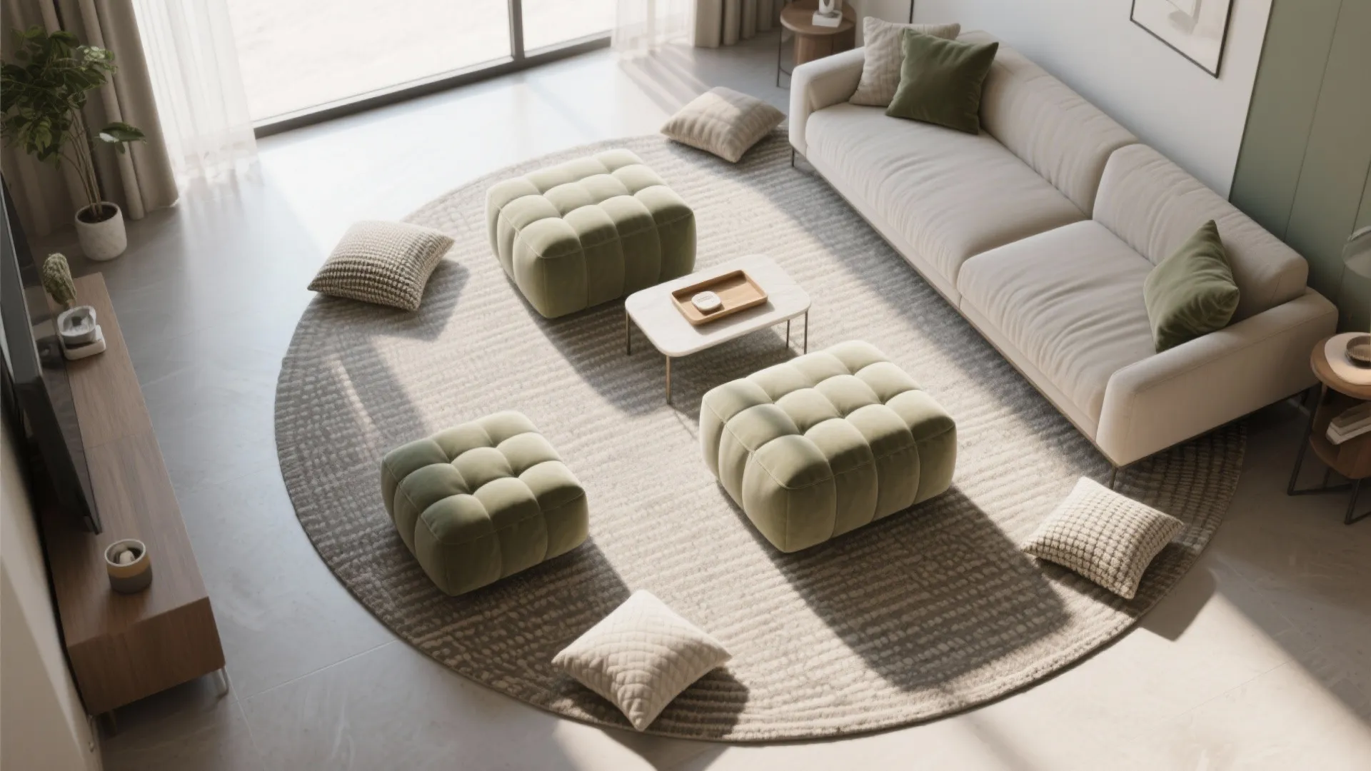 Layered lounge: ottomans, poufs, and floor cushions