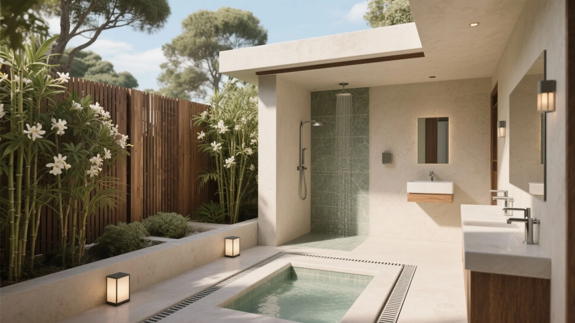 Luxury outdoor bathroom with small pool shower area sinks wooden fence and lush green plants
