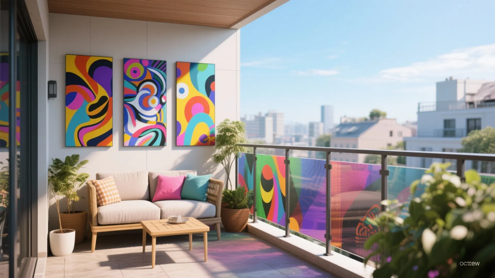 Colorful art paintings on white balcony wall with small sofa pillows and city building view