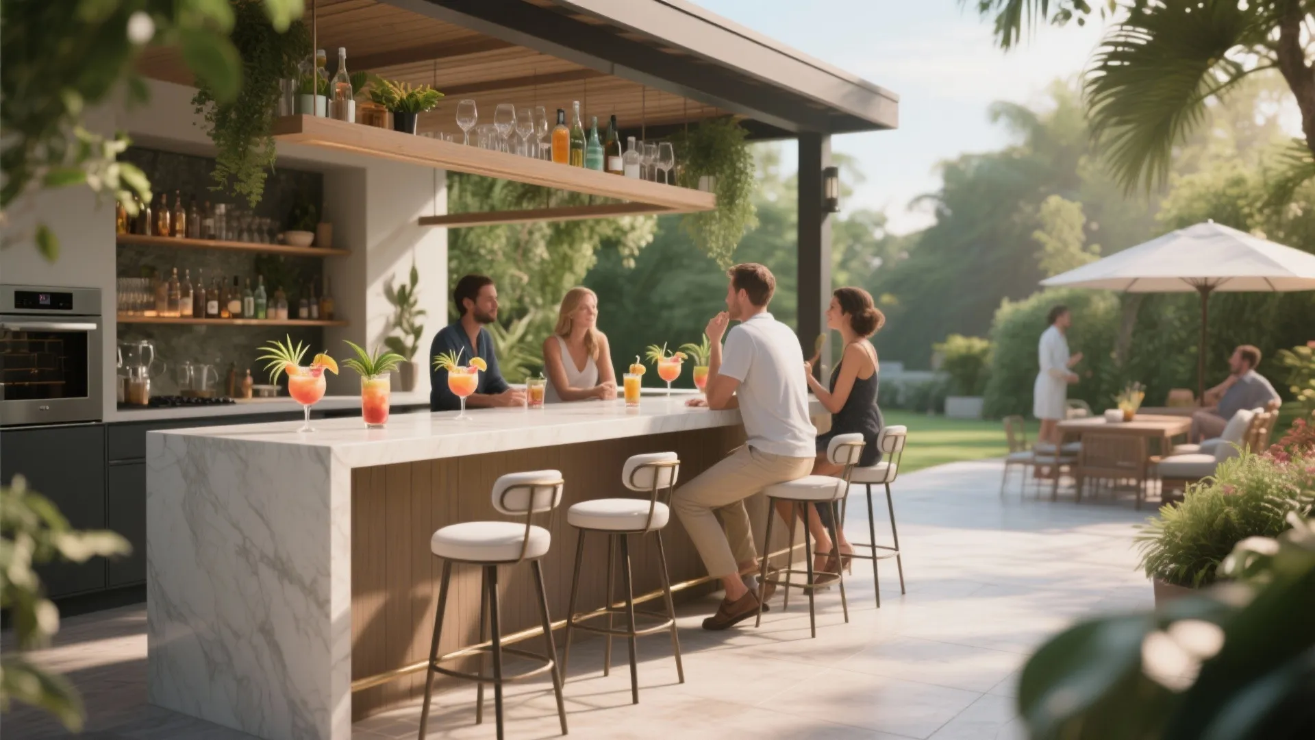 Outdoor kitchen bar area with stools and drinks