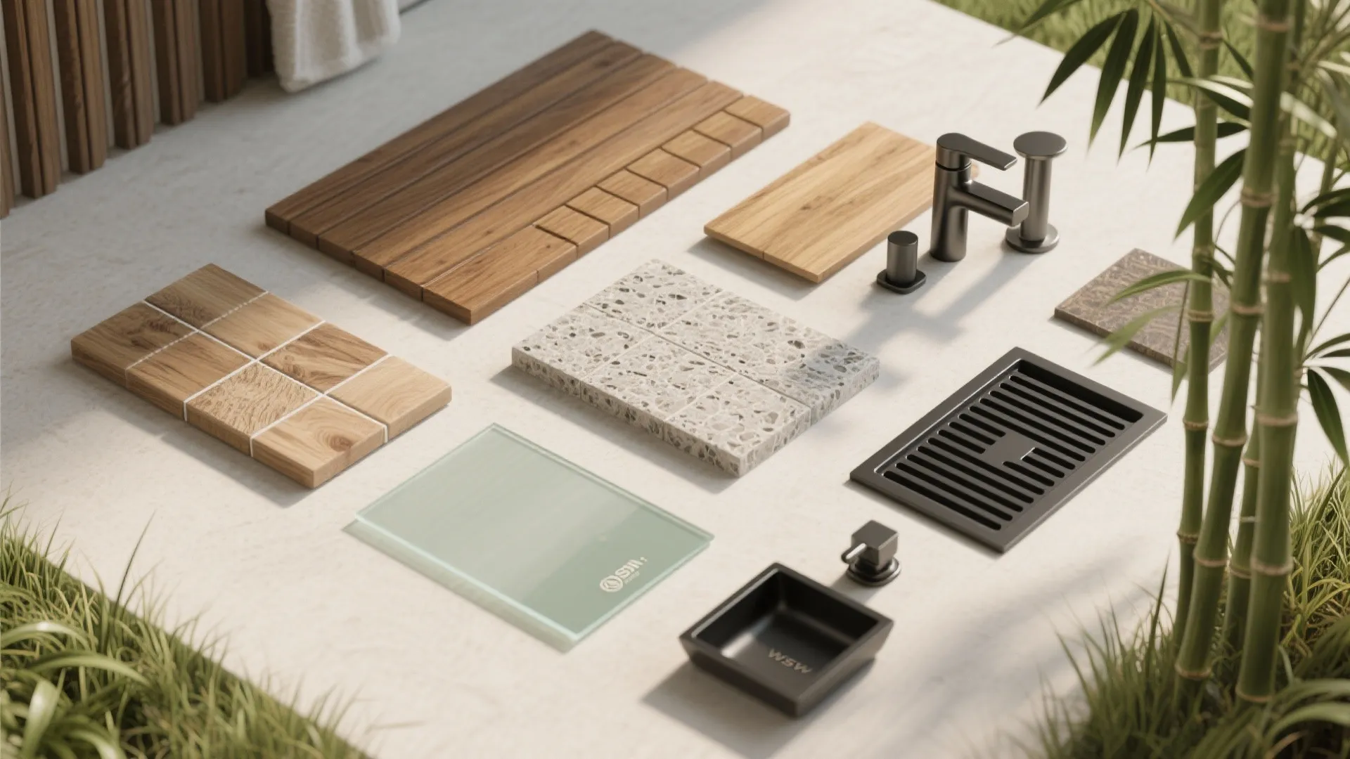 Various bathroom material samples including wood tiles stone blocks faucet and drain for outdoor shower design