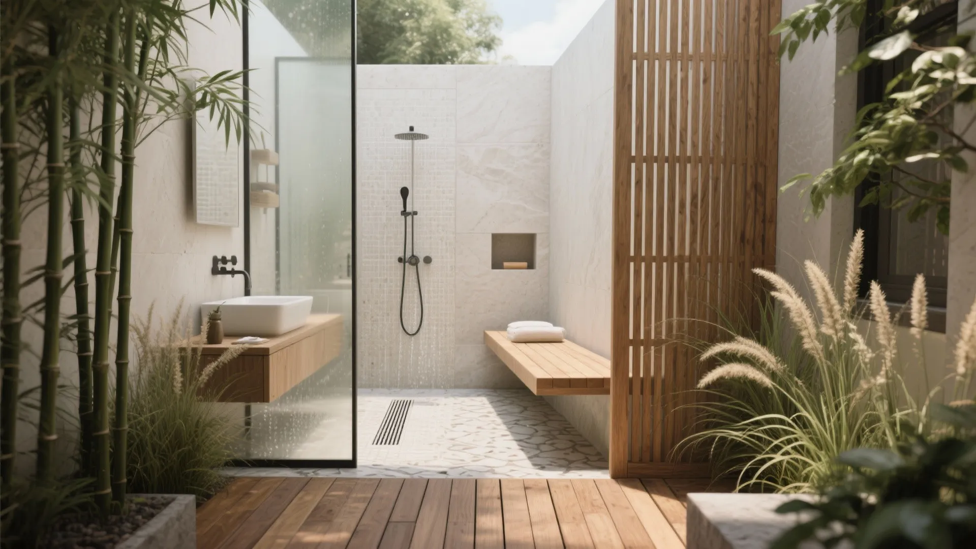 Modern outdoor bathroom design with stone walls wooden floor white sink and black light fixture