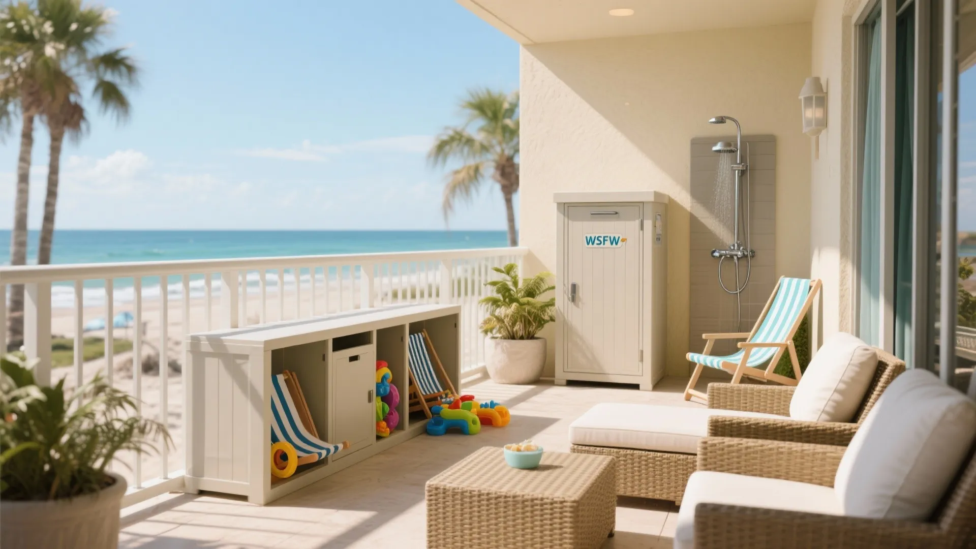 Balcony with weatherproof cubbies, outdoor shower box and durable seating for beach gear
