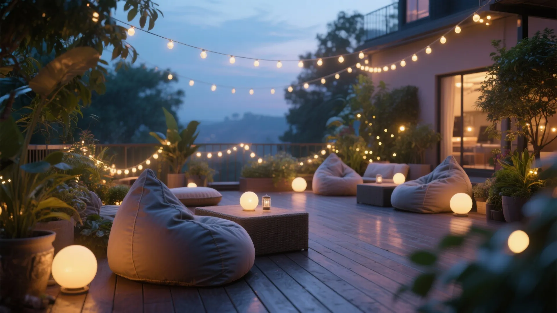 Weather-proof bean bags with fairy lights on outdoor terrace