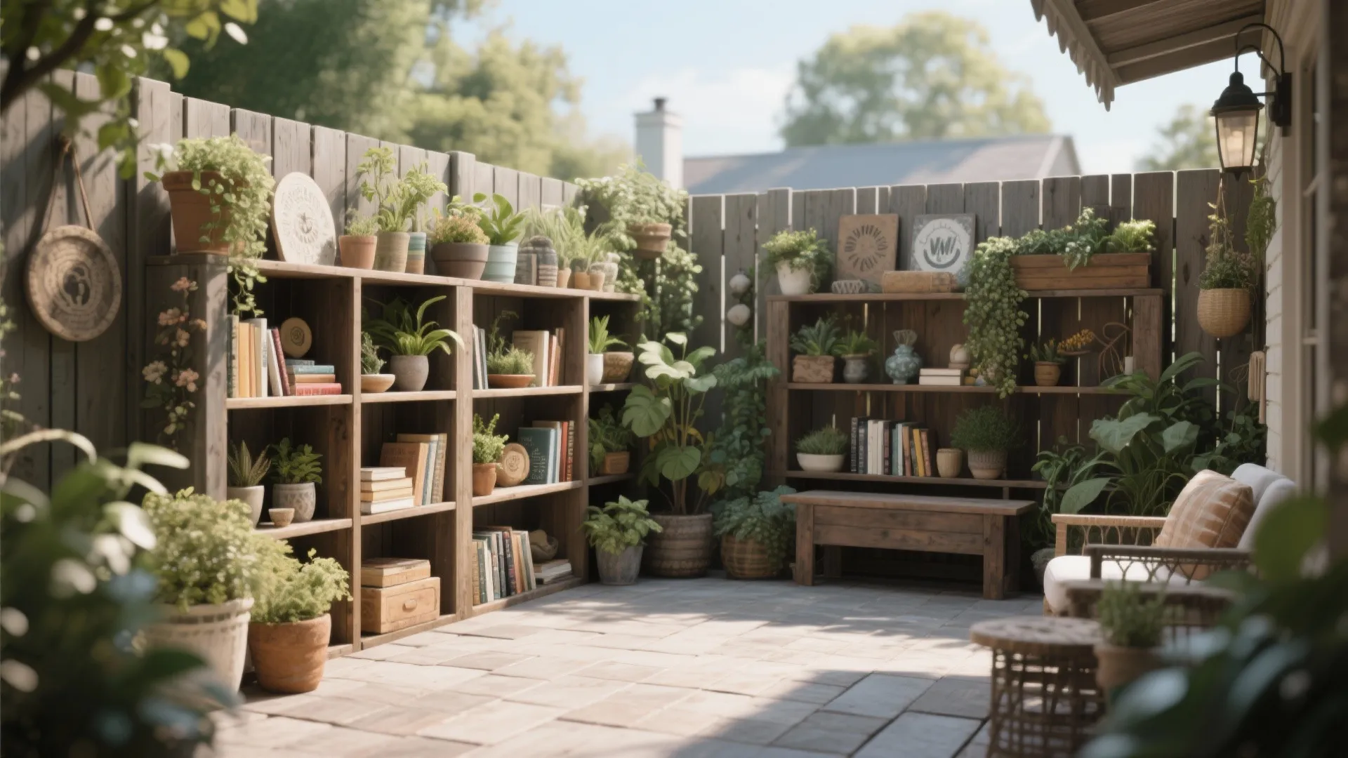 Outdoor bookshelves with plants and decor used as a privacy wall