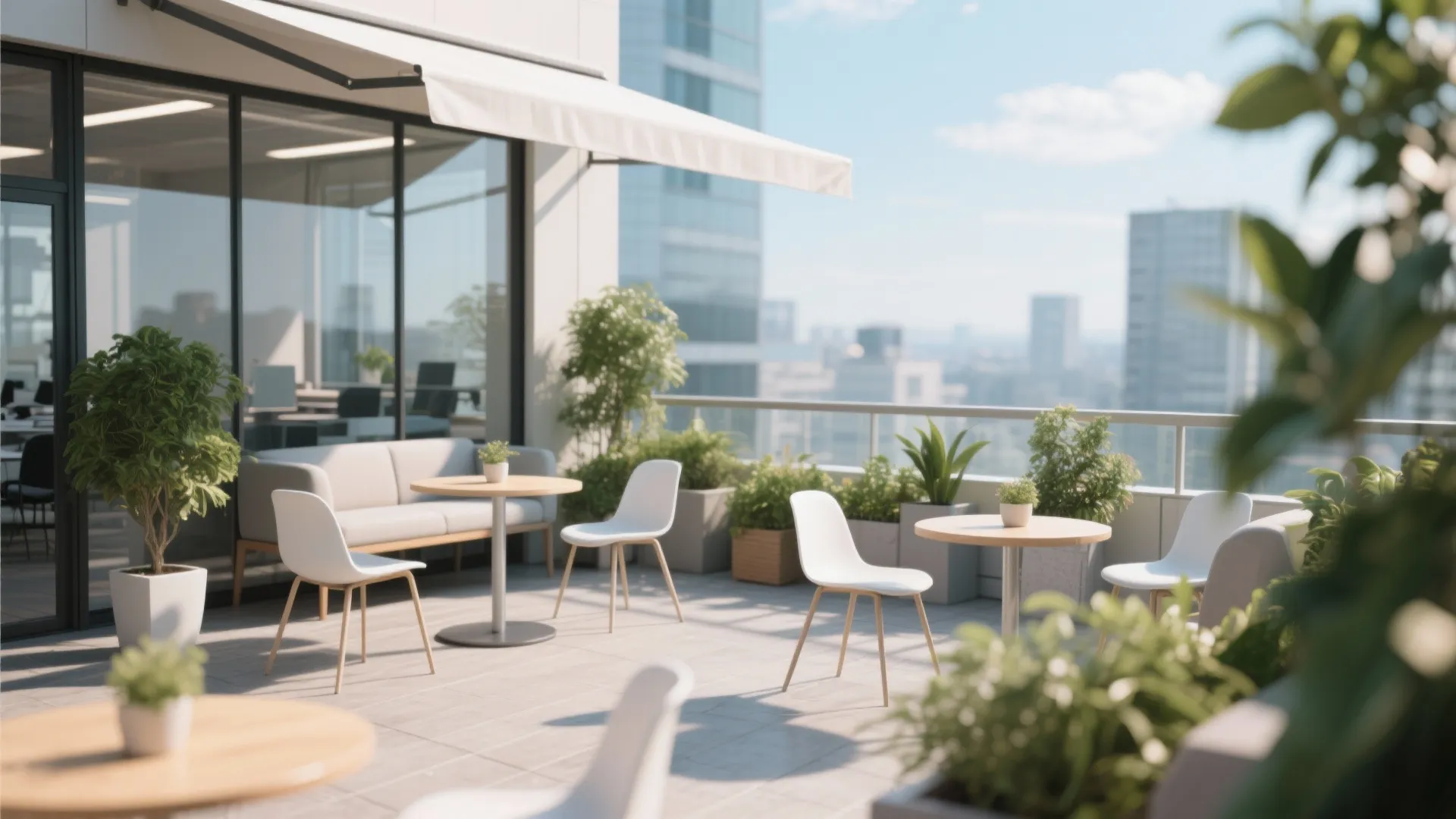 Outdoor office balcony with white chairs round wooden tables green plants sofa and city view background