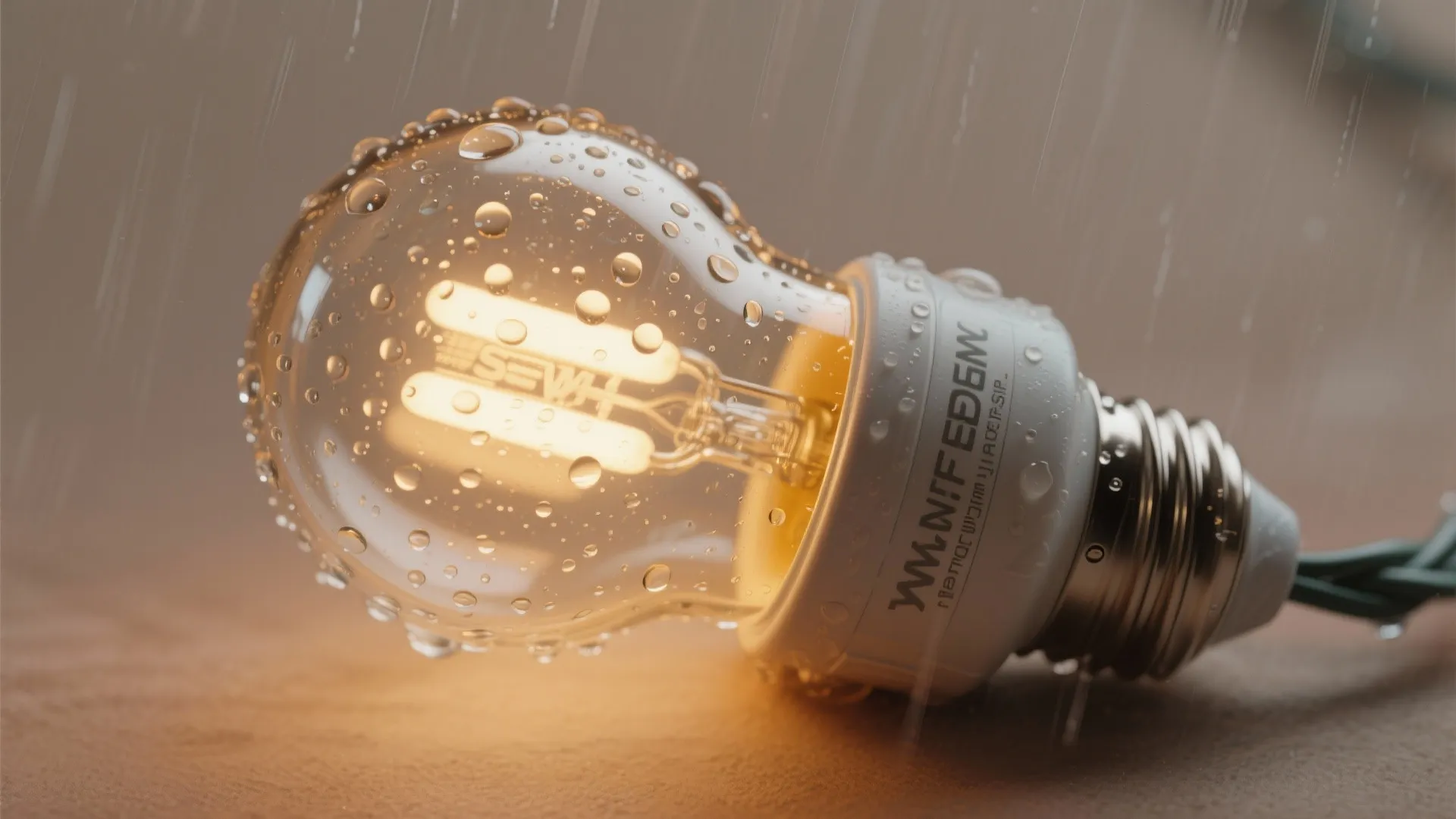 Close up of glowing glass light bulb with water drops on surface in rainy weather