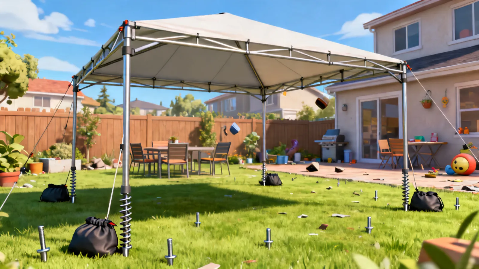 Outdoor canopy secured with ground anchors and weight bags in backyard
