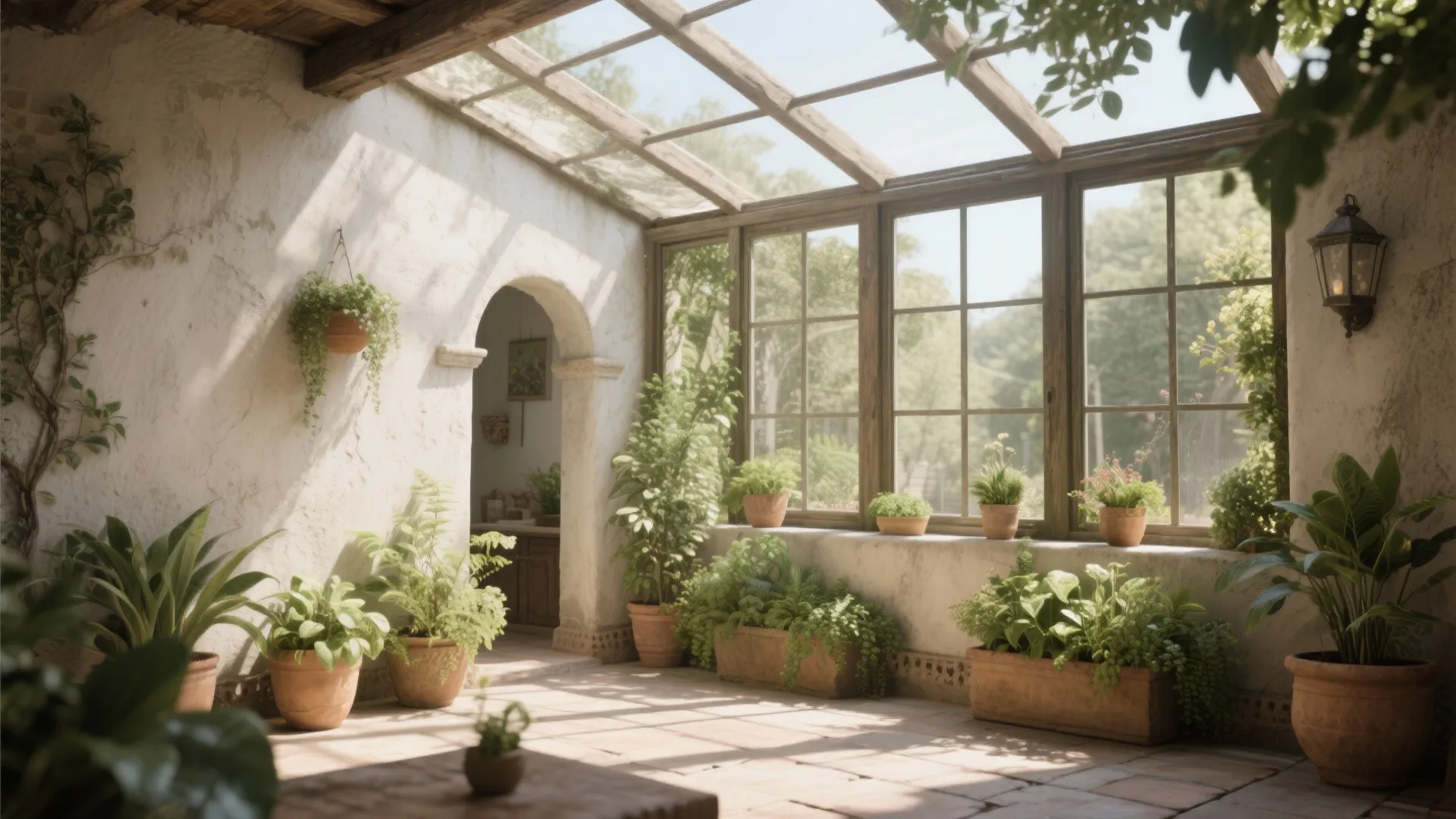 Sunlit indoor garden with stone floor potted green plants large windows and glass roof panels