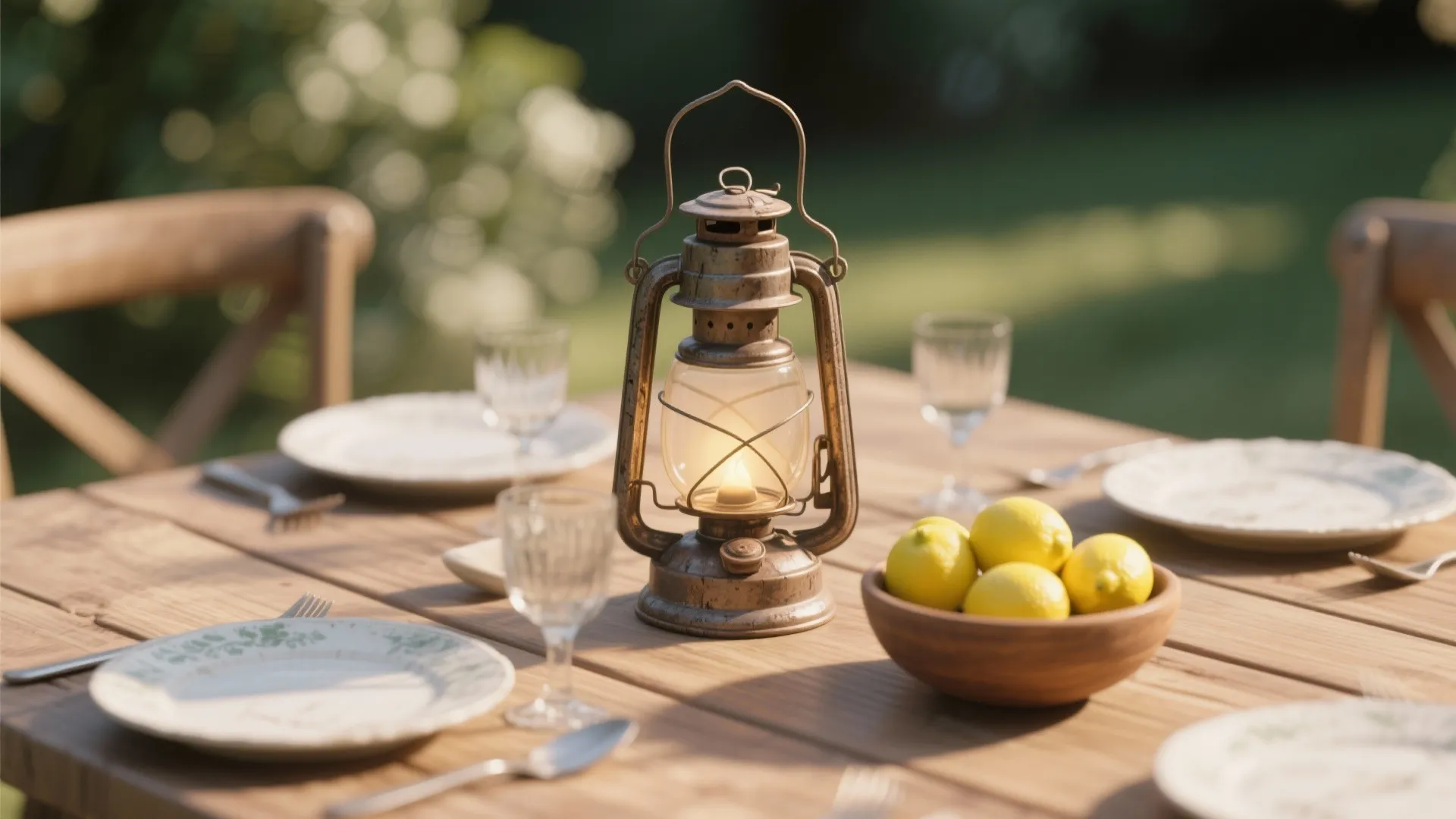 Wooden outdoor dining table with a lit metal lantern and a bowl of fresh lemons