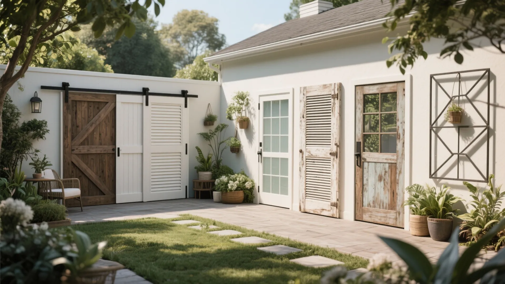Display of various sliding and hinged outdoor closet doors against a white wall with garden