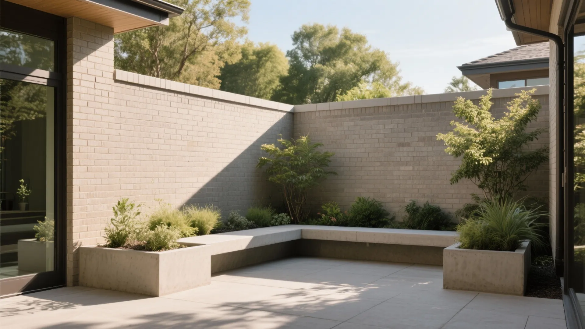 Modern outdoor garden patio with brick walls integrated seating benches green plants and bright sunlight