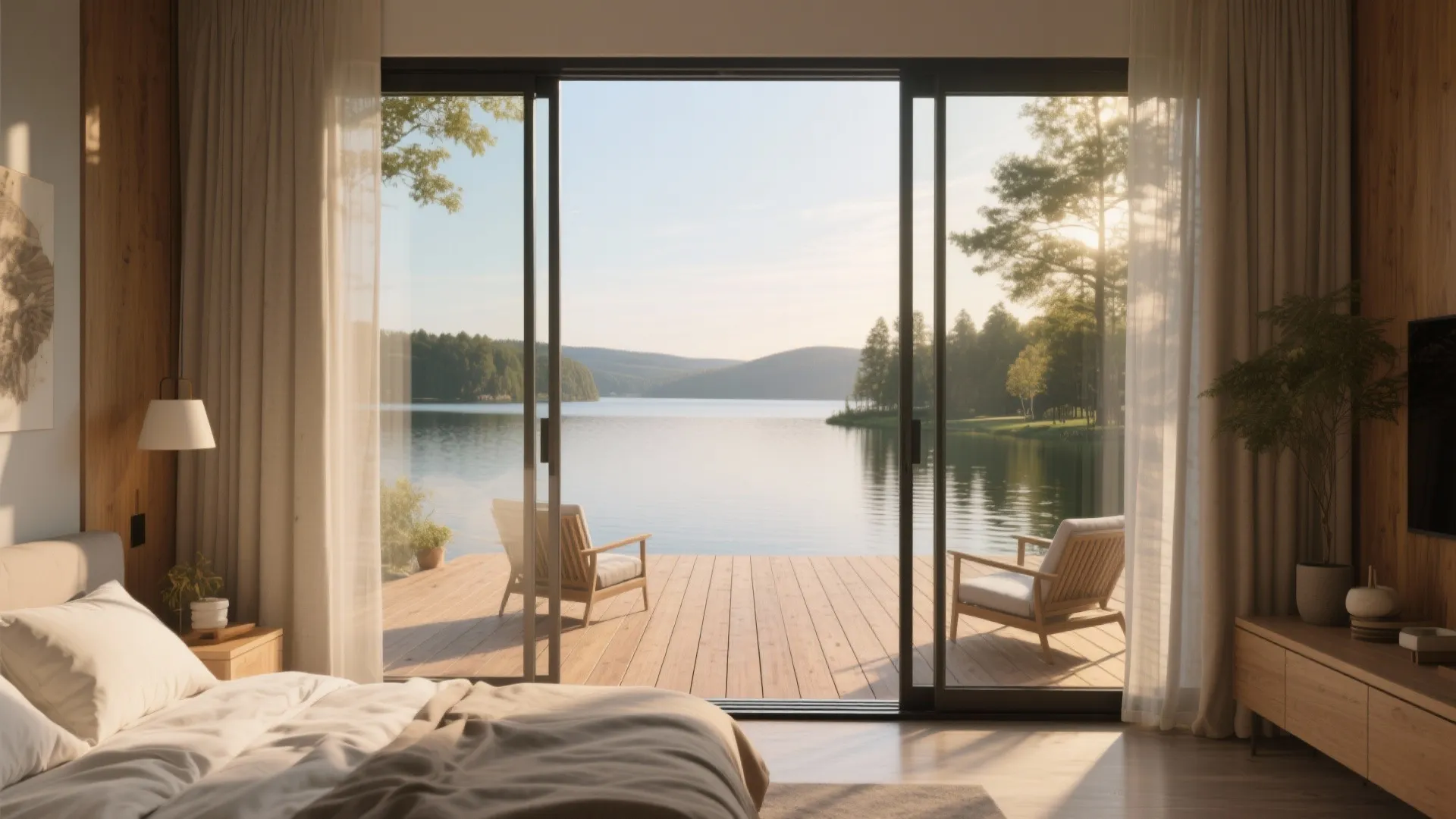 Bedroom with sliding doors opening to a wooden deck and lake view, showing strong indoor-outdoor connection.