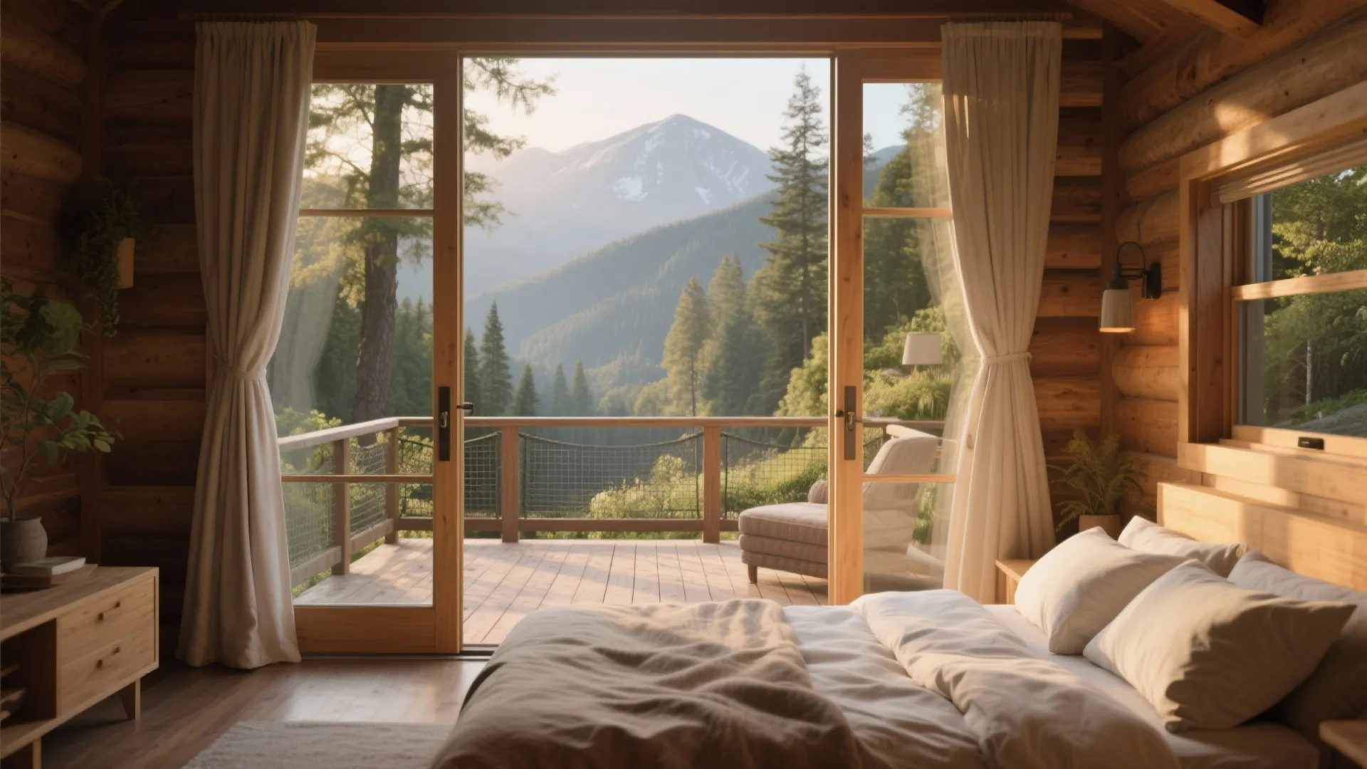 Rustic log cabin bedroom with open glass doors looking out to balcony and mountain view
