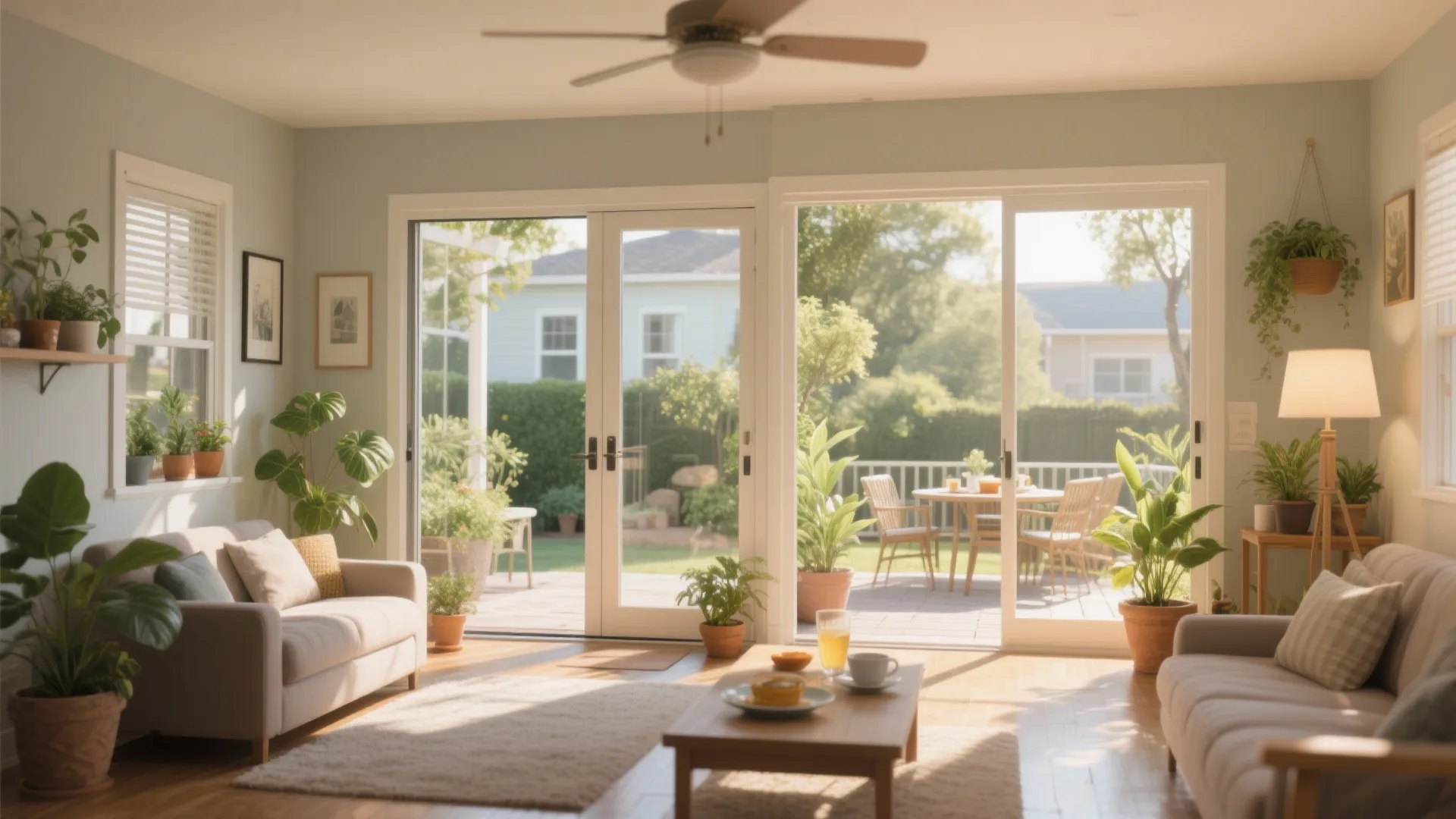 Bright living room with glass sliding doors opening to a garden patio with green potted plants