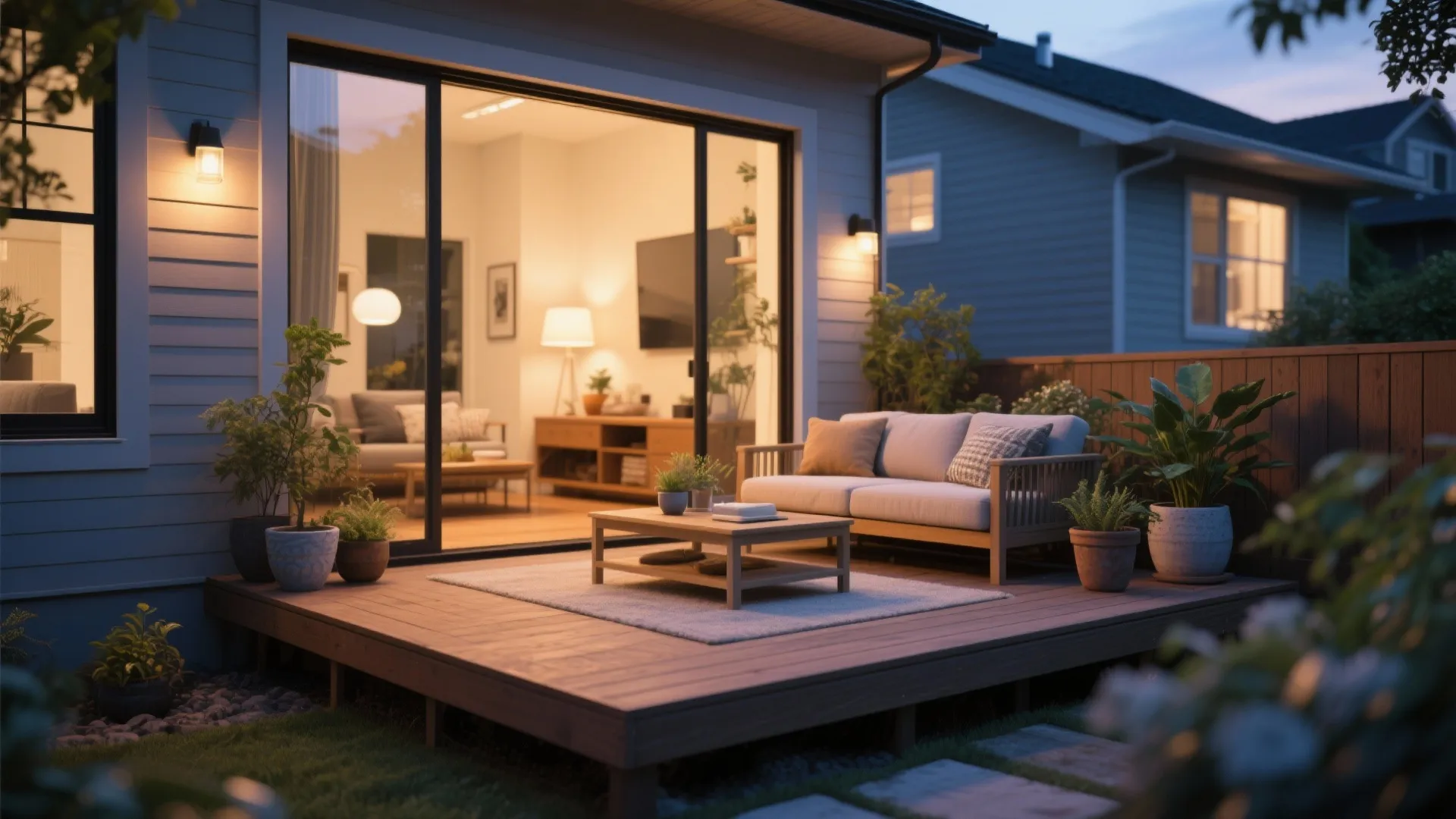 Outdoor wooden deck at night with sofa coffee table plants and large sliding glass windows