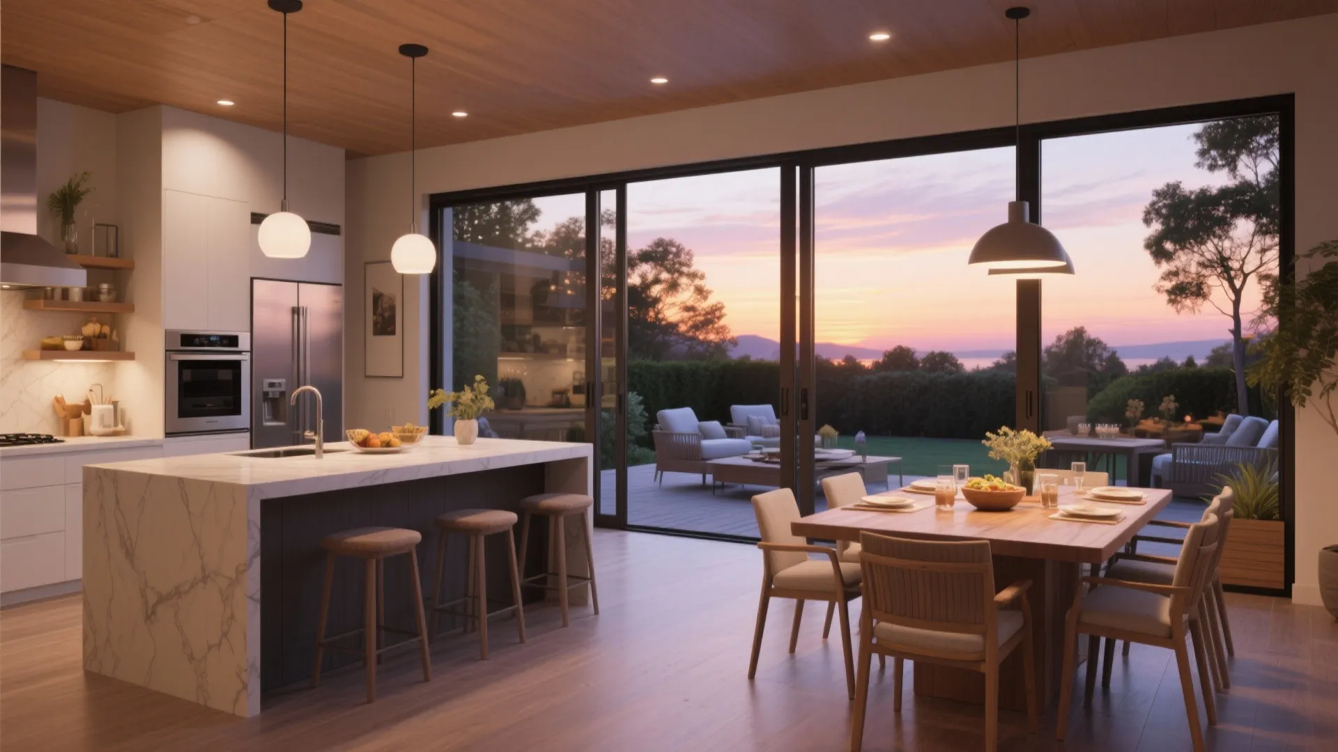 Modern open kitchen and dining area with large glass sliding doors overlooking a beautiful sunset