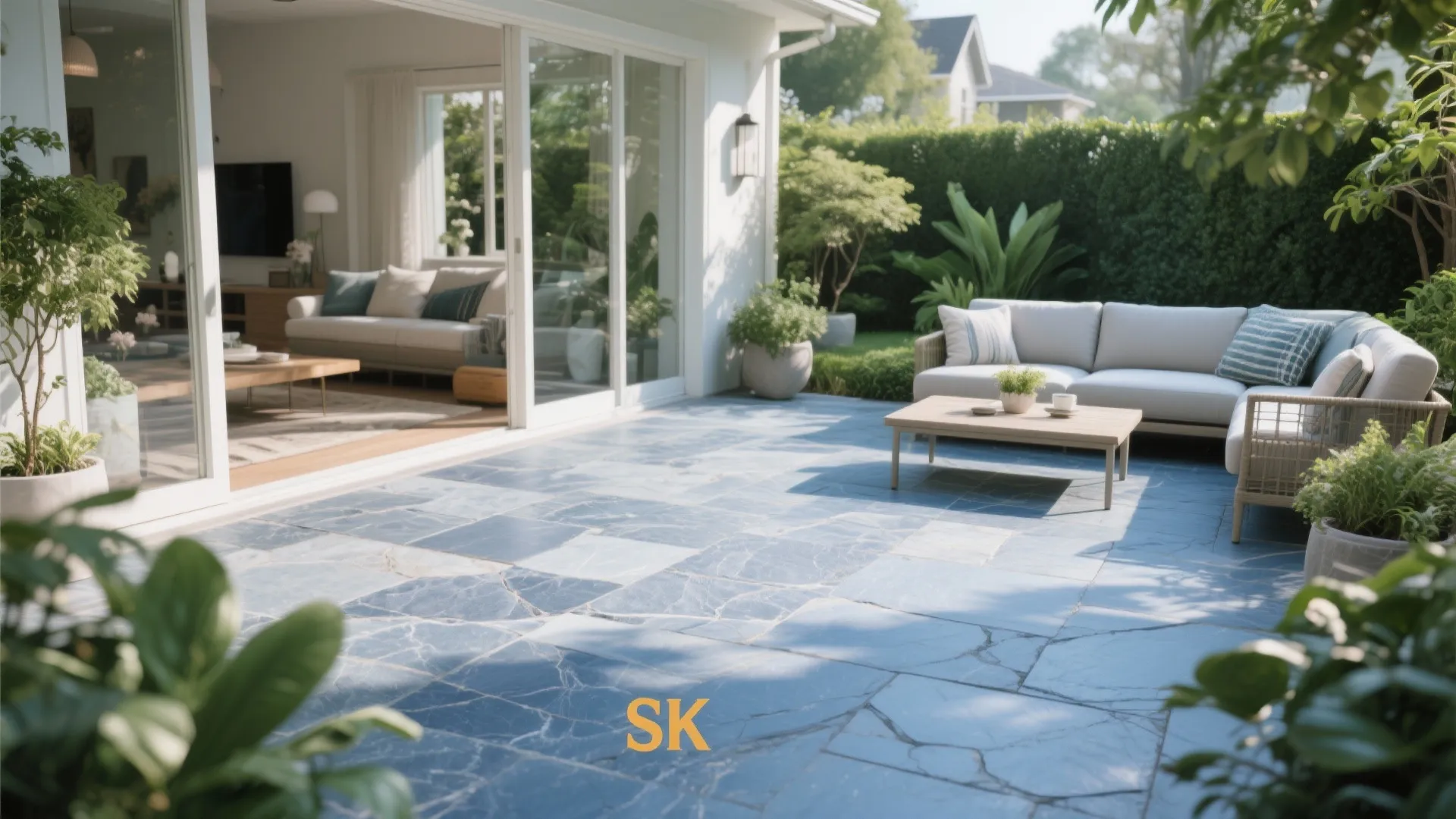 Outdoor patio with blue stone floor white sofa wood table and sliding glass doors view
