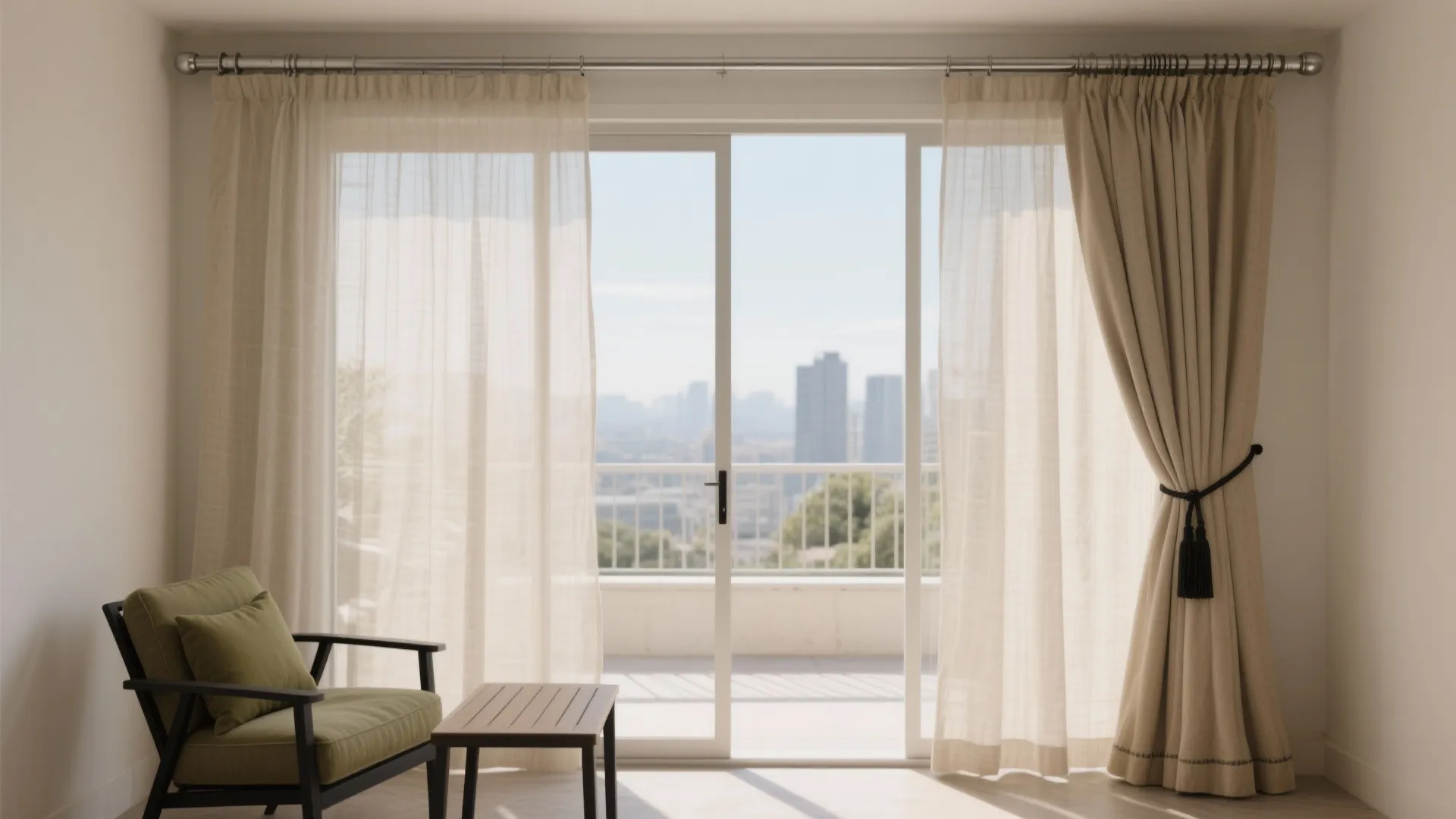 Modern living room featuring beige curtains on sliding glass doors with armchair and city view