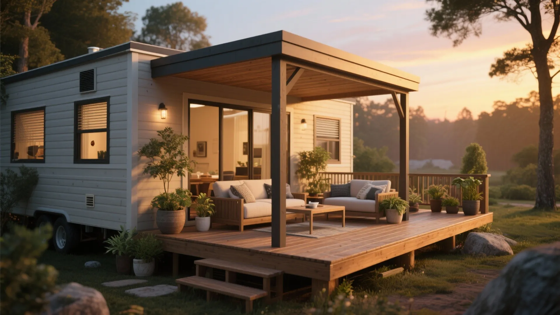 Modern white mobile home with a large wooden outdoor deck featuring sofas and a table